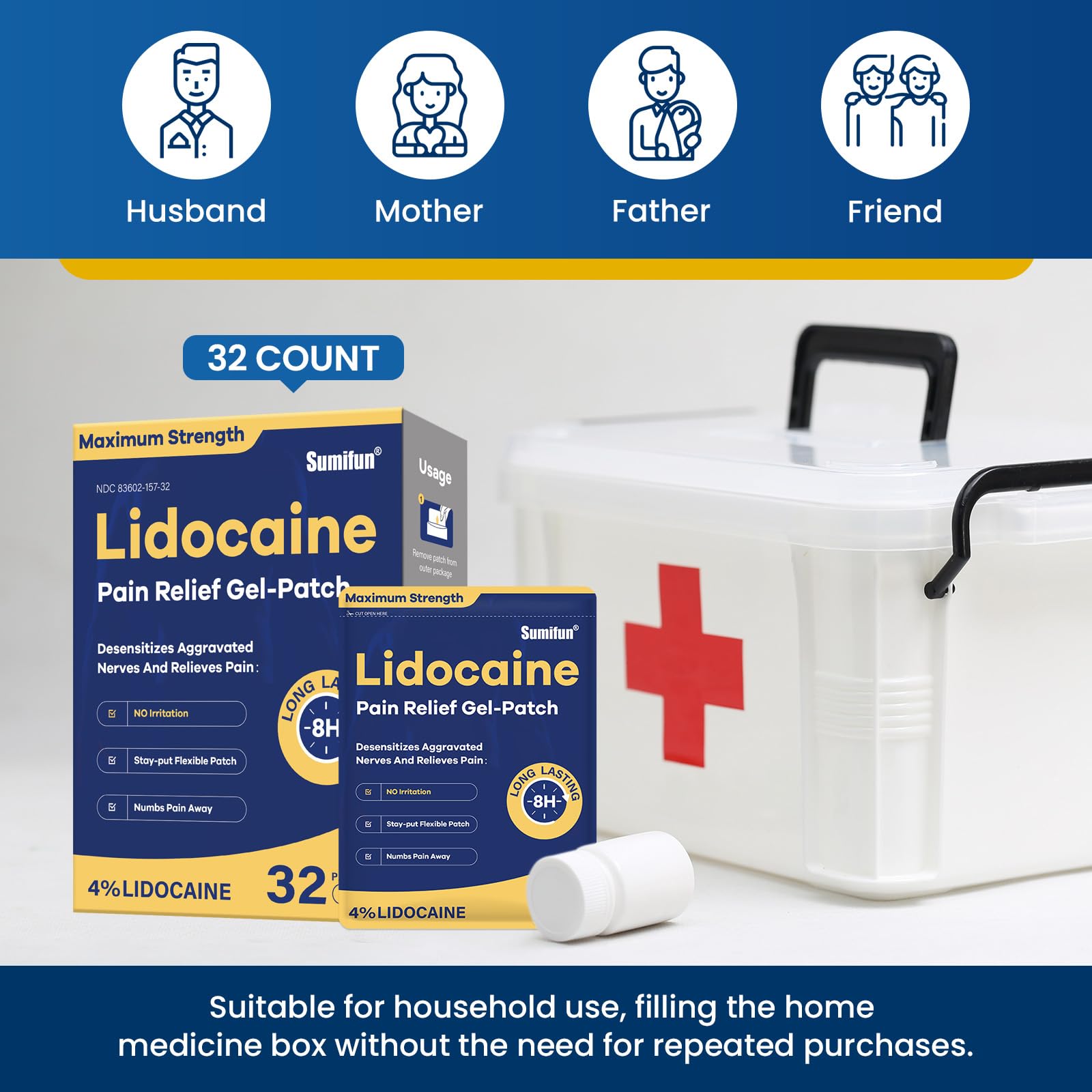 Sumifun 4% Lidocaine Patches Maximum Strength- Pain Relieving Gel Patch for Back, Shoulder, Muscle, Knee Pain Relief,Neck & Joint Pains-Numbs Away Pain, Apply for Up to 8 Hours (Large, Count, 32) Sumifun uk supplements