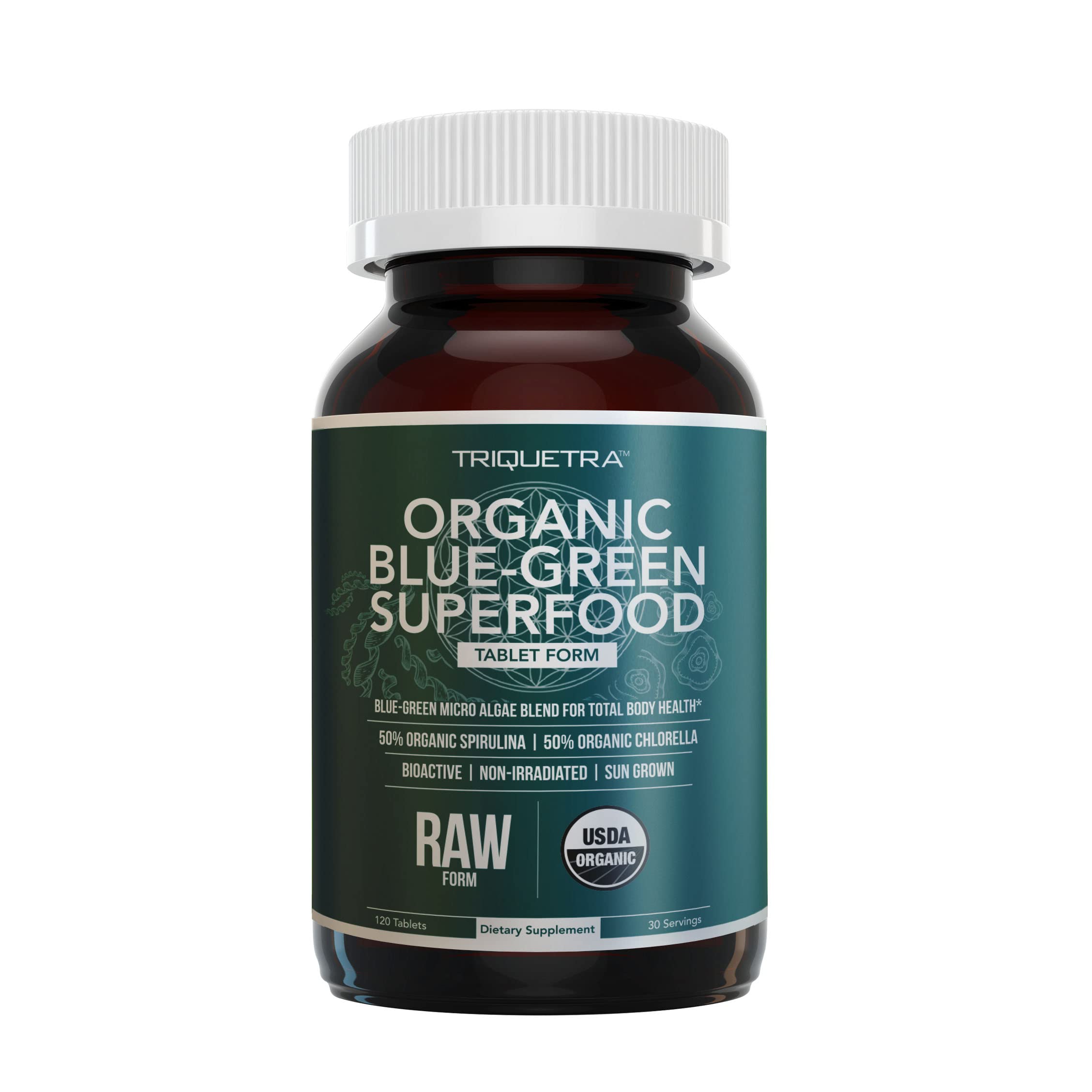 Organic Spirulina & Chlorella Tablets – 4 Organic Certifications, Raw, Non-Irradiated – 50/50 Blue Green Algae Blend – Antioxidant Content Equal to 5 Servings of Vegetables (120 Tablets) Triquetra Health uk supplements