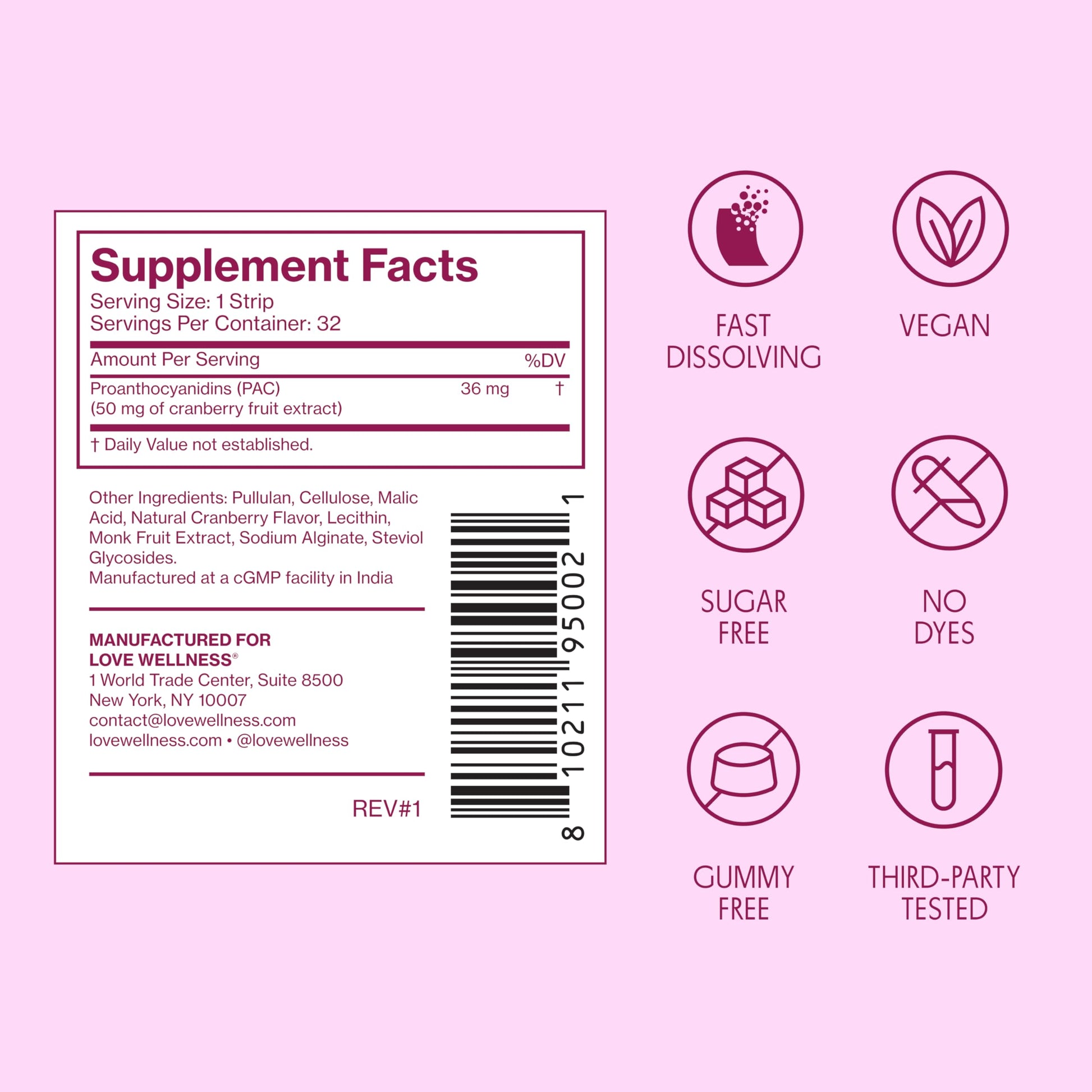 Love Wellness Urinary Tract* Quick Melt Strips - Fast-Dissolving UT Support with 36 mg PACs from Cranberry Fruit Extract - Promotes Urinary Health* - No Water Needed - Vegan and Sugar Free - 32 Strips Love Wellness uk supplements