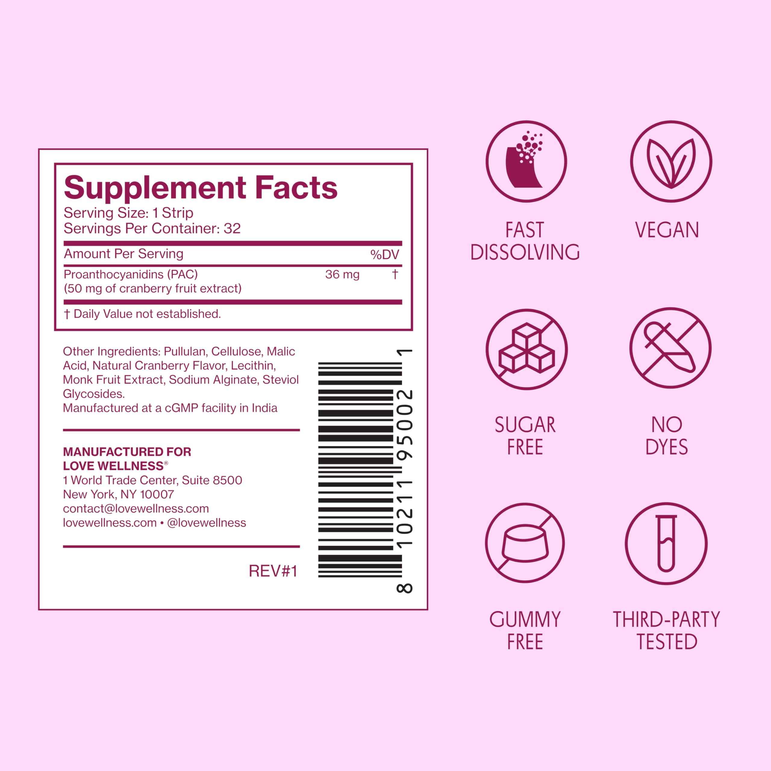 Love Wellness Urinary Tract* Quick Melt Strips - Fast-Dissolving UT Support with 36 mg PACs from Cranberry Fruit Extract - Promotes Urinary Health* - No Water Needed - Vegan and Sugar Free - 32 Strips Love Wellness uk supplements