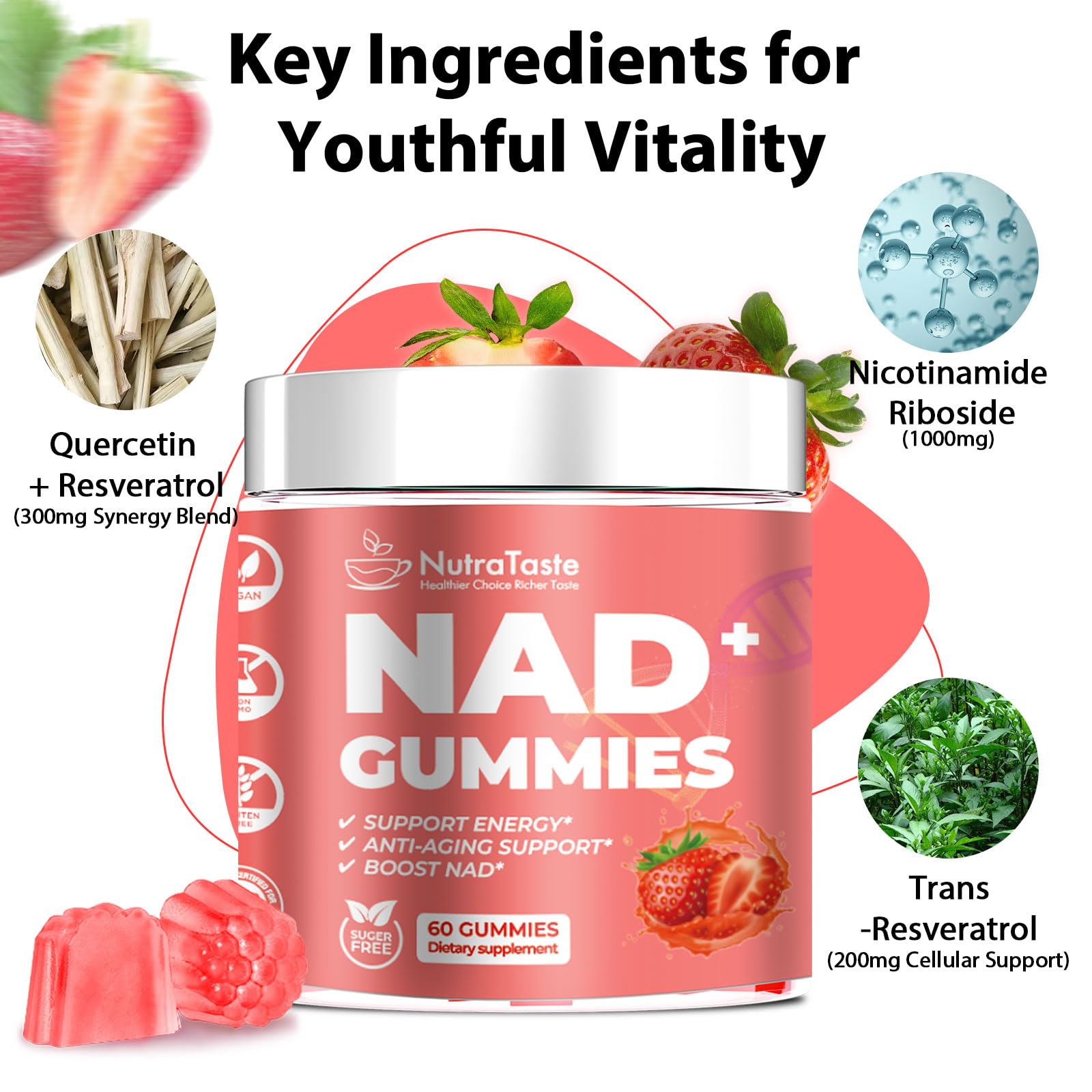 NUTRATASTE HEALTHIER CHOICE RICHER TASTE NAD⁺ Gummies Supplement for Anti-Aging, Energy & Focus Boost | Resveratrol, Nicotinamide Riboside | Strawberry Flavor, Vegan, Sugar-Free,60 Count (Pack of 1) NUTRATASTE HEALTHIER CHOICE RICHER TASTE uk supplements