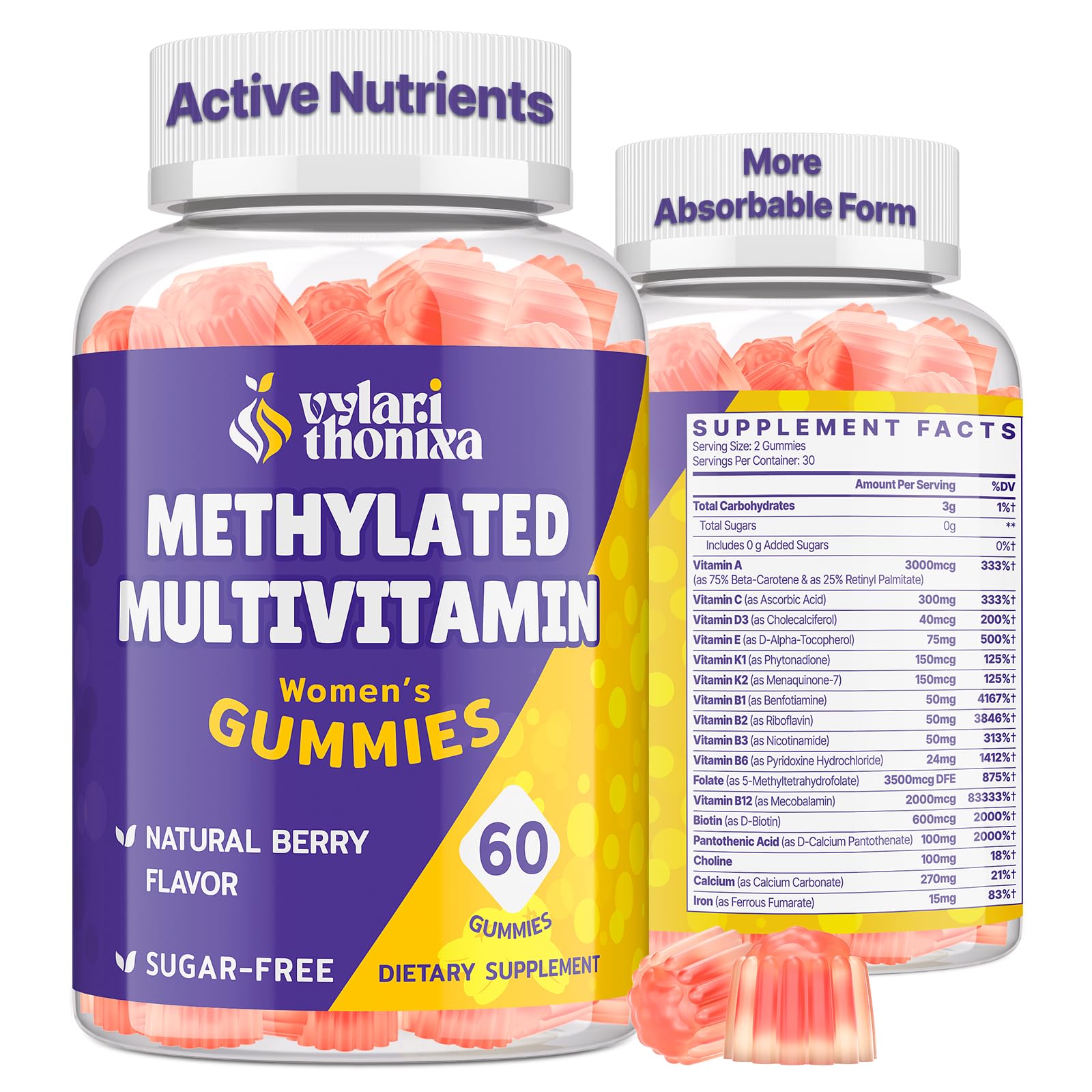 Vylarithonixa Methylated Multivitamin Gummies for Women – MTHFR Supplement Contains Methylfolate, Methylated B12, TMG & Vitamins A C E K – Energy, Immune & Skin Support Vylarithonixa uk supplements