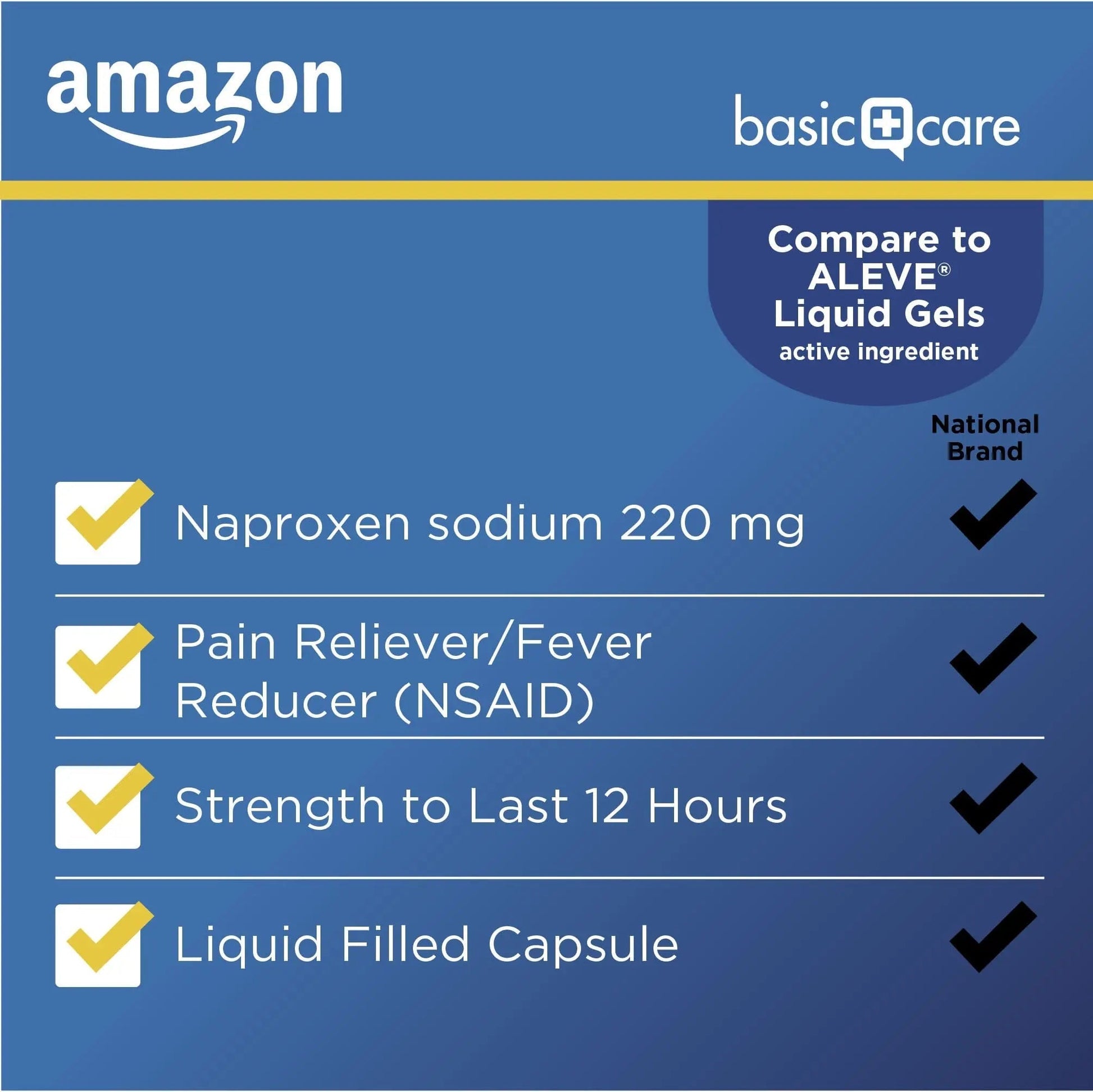 Amazon Basic Care Naproxen Sodium 220 mg Liquid Gels, Pain Reliever/Fever Reducer (NSAID), Headache, Backache, Menstrual Pain, Arthritis Pain, 12-Hour Relief, 180 Count (previously A+ health) Amazon Basic Care uk supplements
