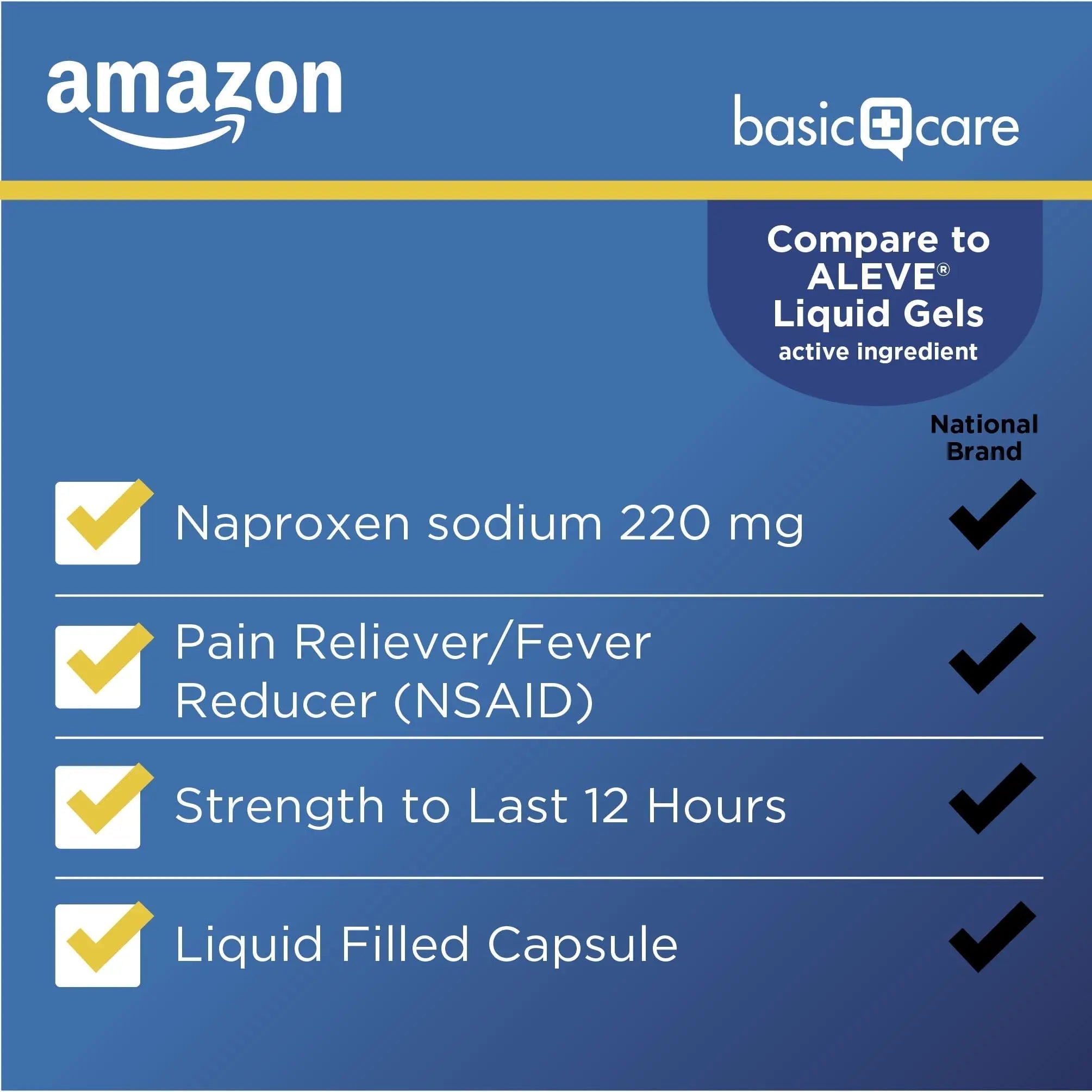 Amazon Basic Care Naproxen Sodium 220 mg Liquid Gels, Pain Reliever/Fever Reducer (NSAID), Headache, Backache, Menstrual Pain, Arthritis Pain, 12-Hour Relief, 180 Count (previously A+ health) Amazon Basic Care uk supplements