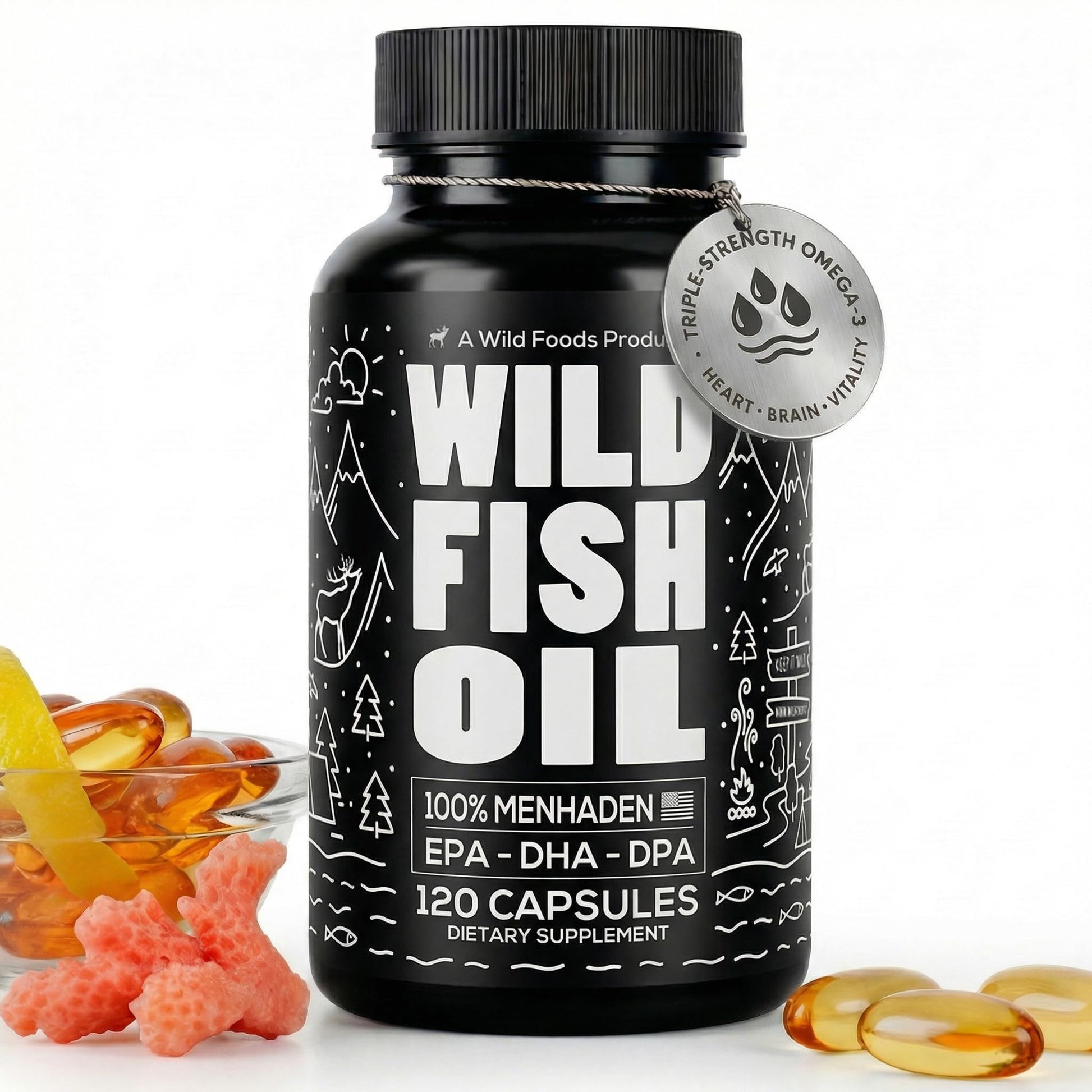 Wild Foods Omega 3 Fish Oil Supplement, 120 Capsules (1 pk) | Wild Caught, Burpless, Odorless, Non-GMO, Gluten Free | DPA, DHA, EPA Triple Strength Heart & Joint Nutrition for Women & Men Wild Foods uk supplements