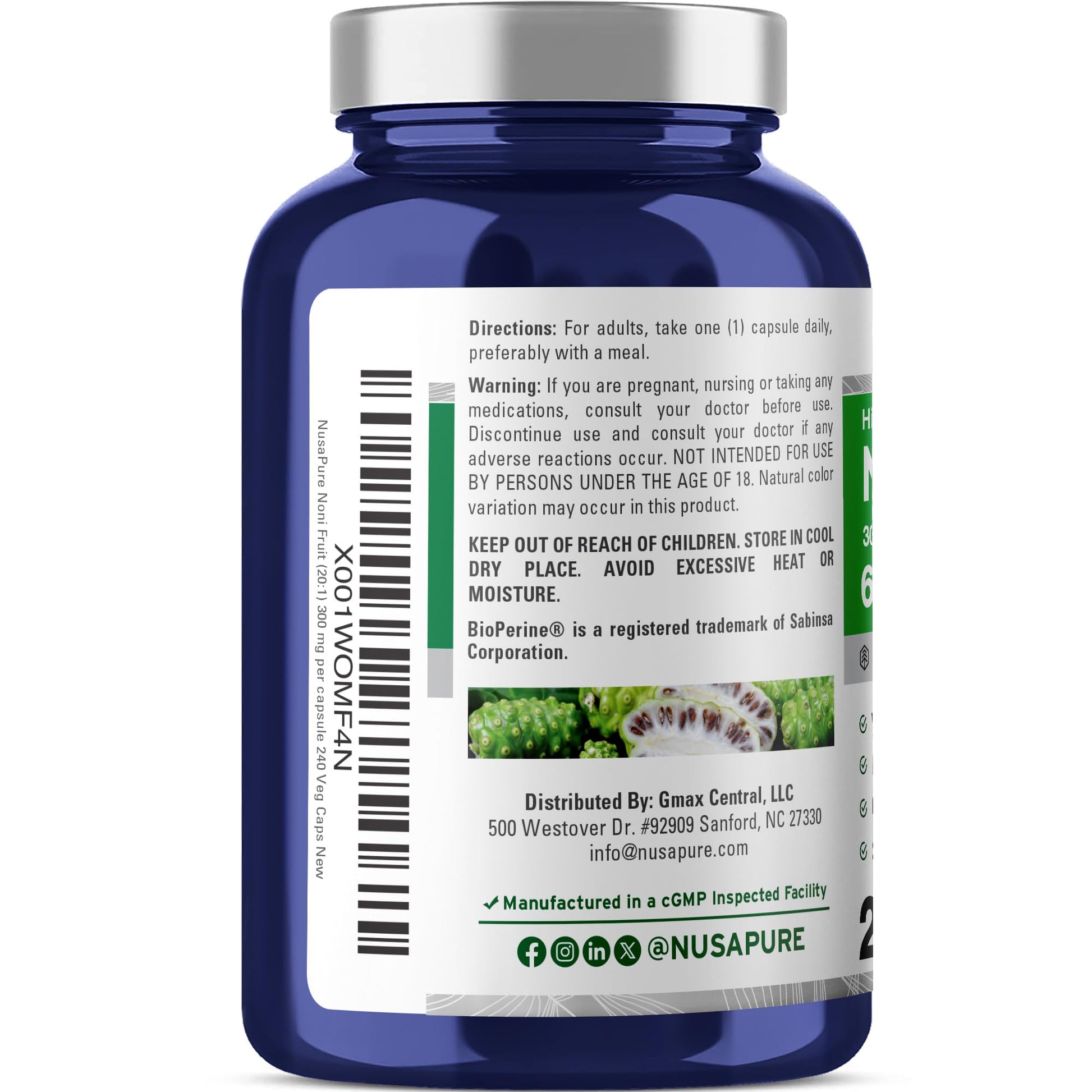 NusaPure Noni Fruit 20:1 Extract, 300 mg Equivalent to 6,000 mg 240 Capsules Suitable for Vegetarian/Vegan, Non-GMO NusaPure uk supplements