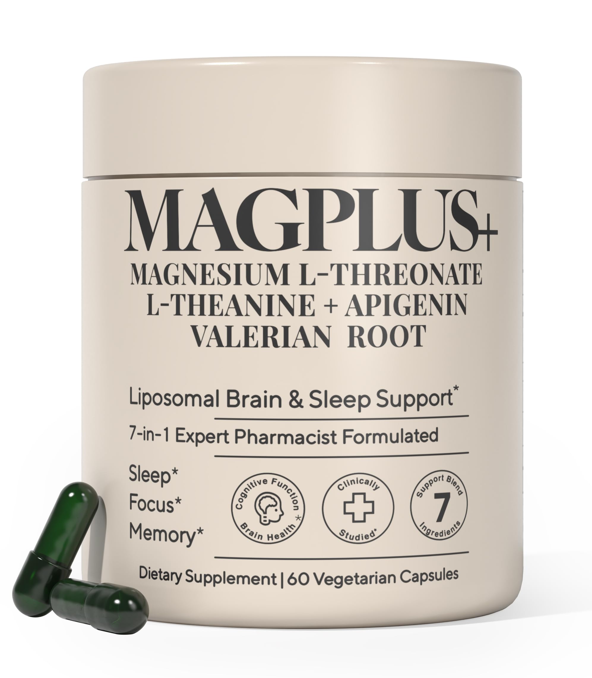 MAGPLUS+ Magnesium L-Threonate w Apigenin & L Theanine | 7-Ingredient Sleep Blend | Brain, Memory, & Sleep Support | Liposomal Magnesium Threonate Supplement (60 Capsules) Plus+Ultra uk supplements