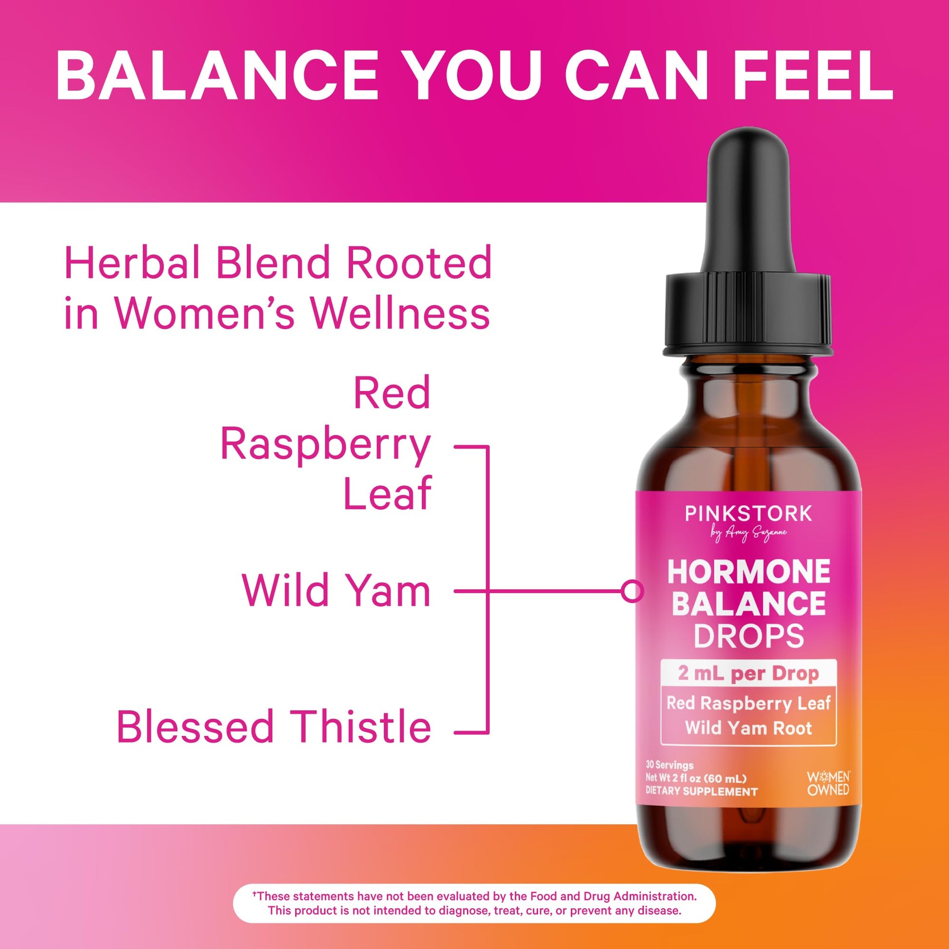 Pink Stork Hormone Balance Drops for Women - Supports Hormonal Health, PMS, Perimenopause & Mood, with Red Raspberry Leaf & Wild Yam - Liquid Supplement - Vegan, 2oz, 30 Servings Pink Stork uk supplements