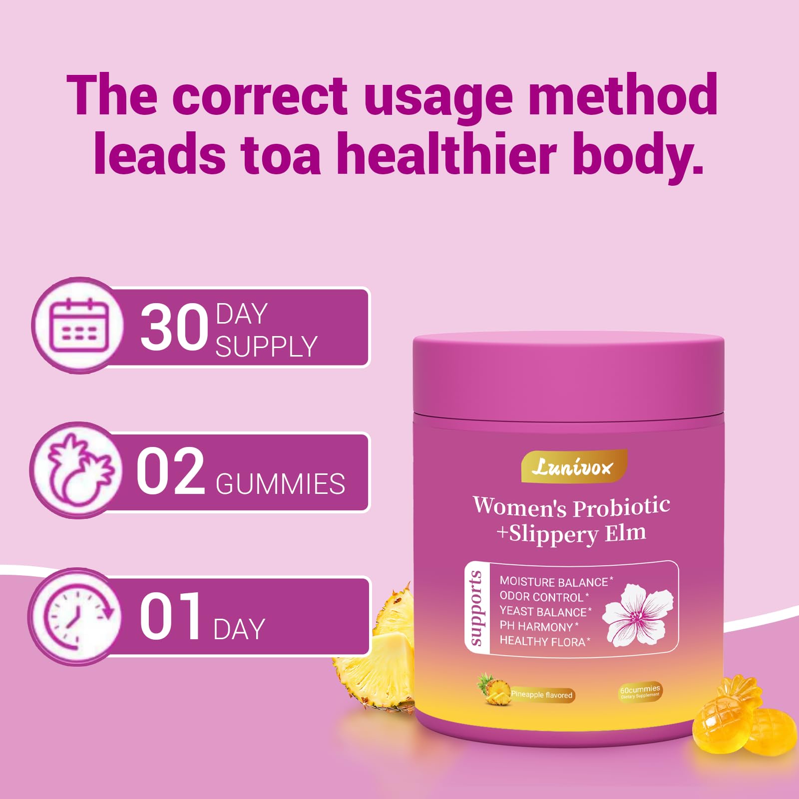 Lunivox Her Juicy Feminine Probiotics Gummies for Women, with Prebiotics & Slippery Elm - Promotes pH Balance, Gut Health & Immune Support - Pineapple Flavor, 60 Count Lunivox uk supplements