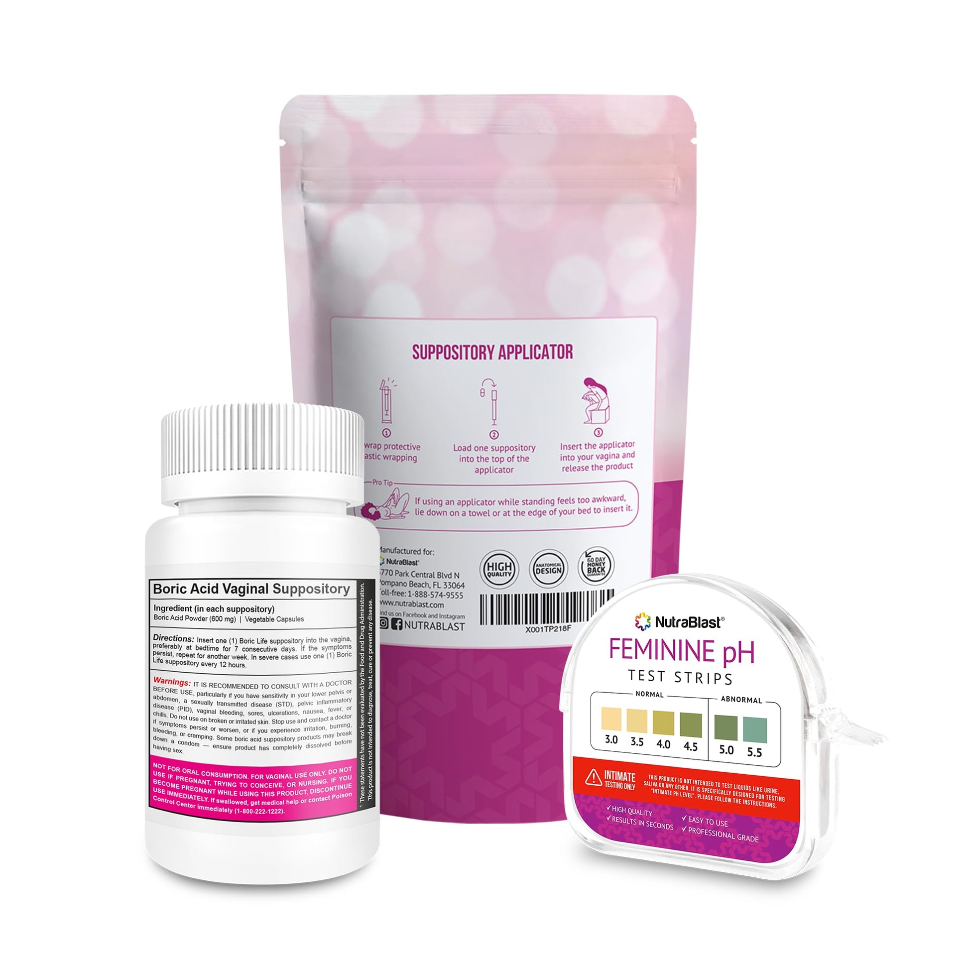 NutraBlast Boric Acid Suppositories 600mg (30 Count) Bundle with Disposable Suppository Applicators (15-Pack) and Feminine pH Test Strips 3.0-5.5 (100 Tests Roll) NutraBlast uk supplements