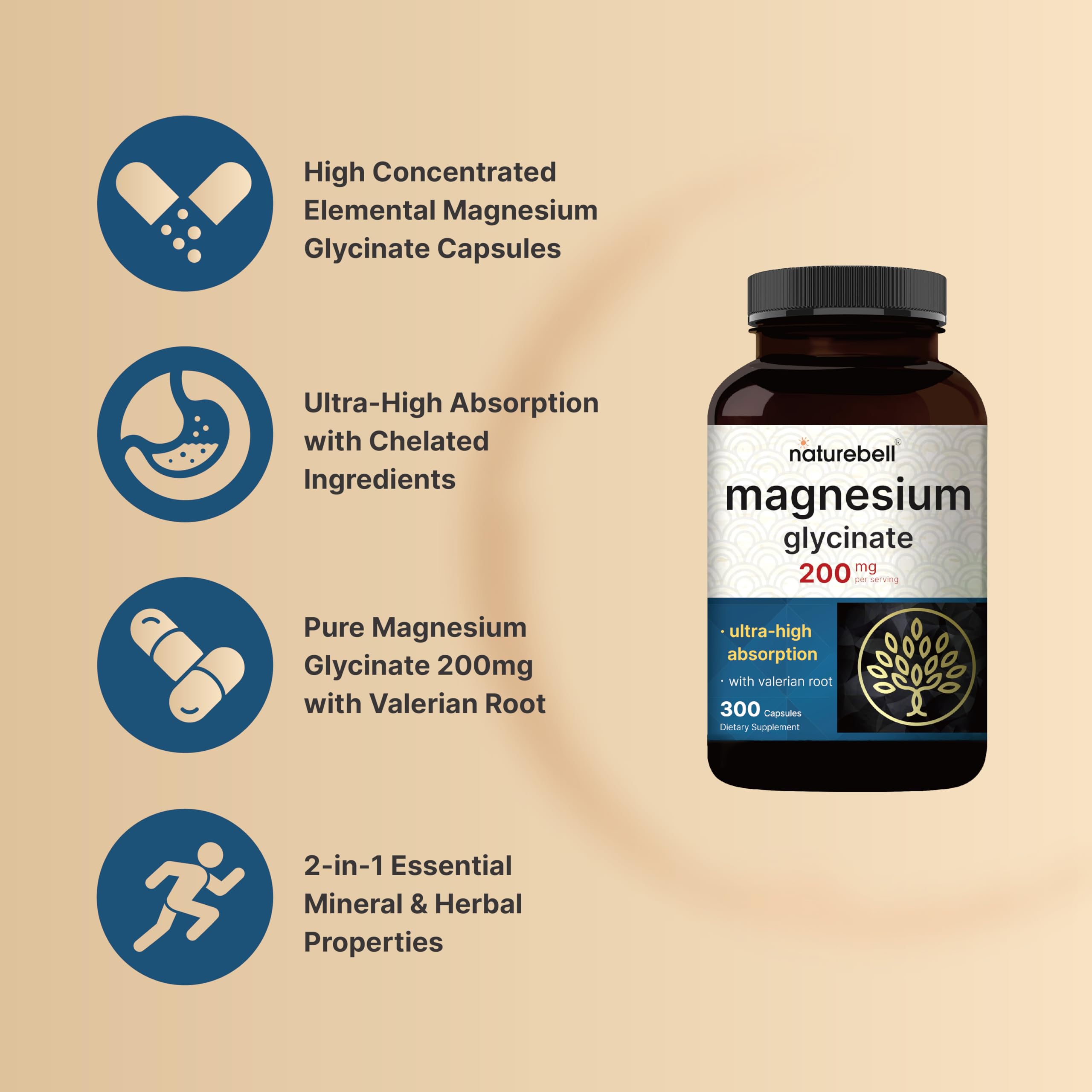 Pure Magnesium Glycinate for Sleep, 200mg with Valerian Root, 300 Capsules | 100% Chelated & Purified Mineral Supplement – Ultra High Absorption – Non-GMO, Gluten Free NatureBell uk supplements