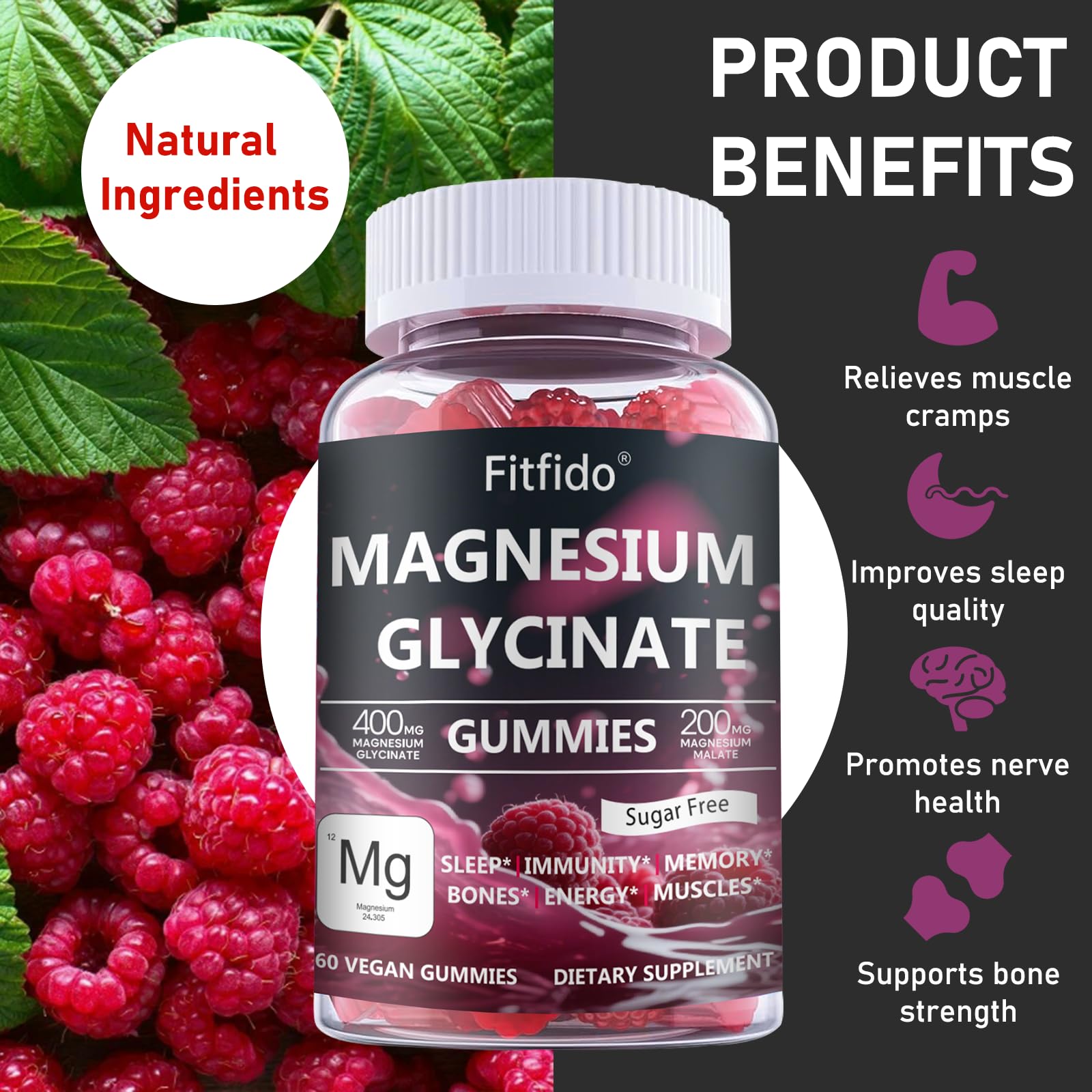 Magnesium Glycinate Gummies 400mg, Chewable Sugar Free Magnesium Supplement with Magnesium Glycinate, Magnesium Malate and Protein for Sleep, Relaxation, Brain & Muscle - Vegan (60 Count, Raspberry) Fitfido uk supplements