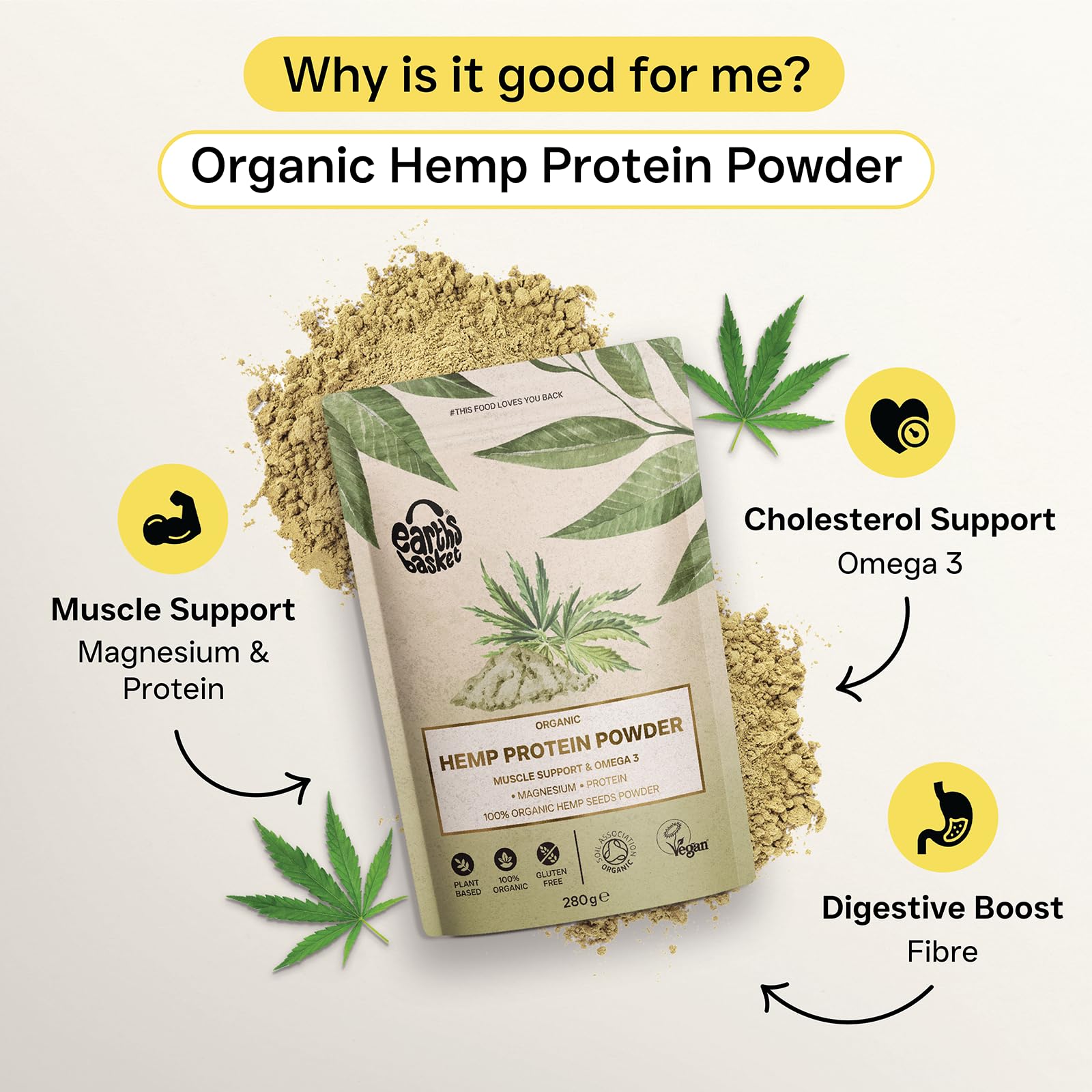 Earths Basket Organic Hemp Protein Powder,280g Natural, Unflavoured, Vegan, Gluten Free EARTHS BASKET uk supplements