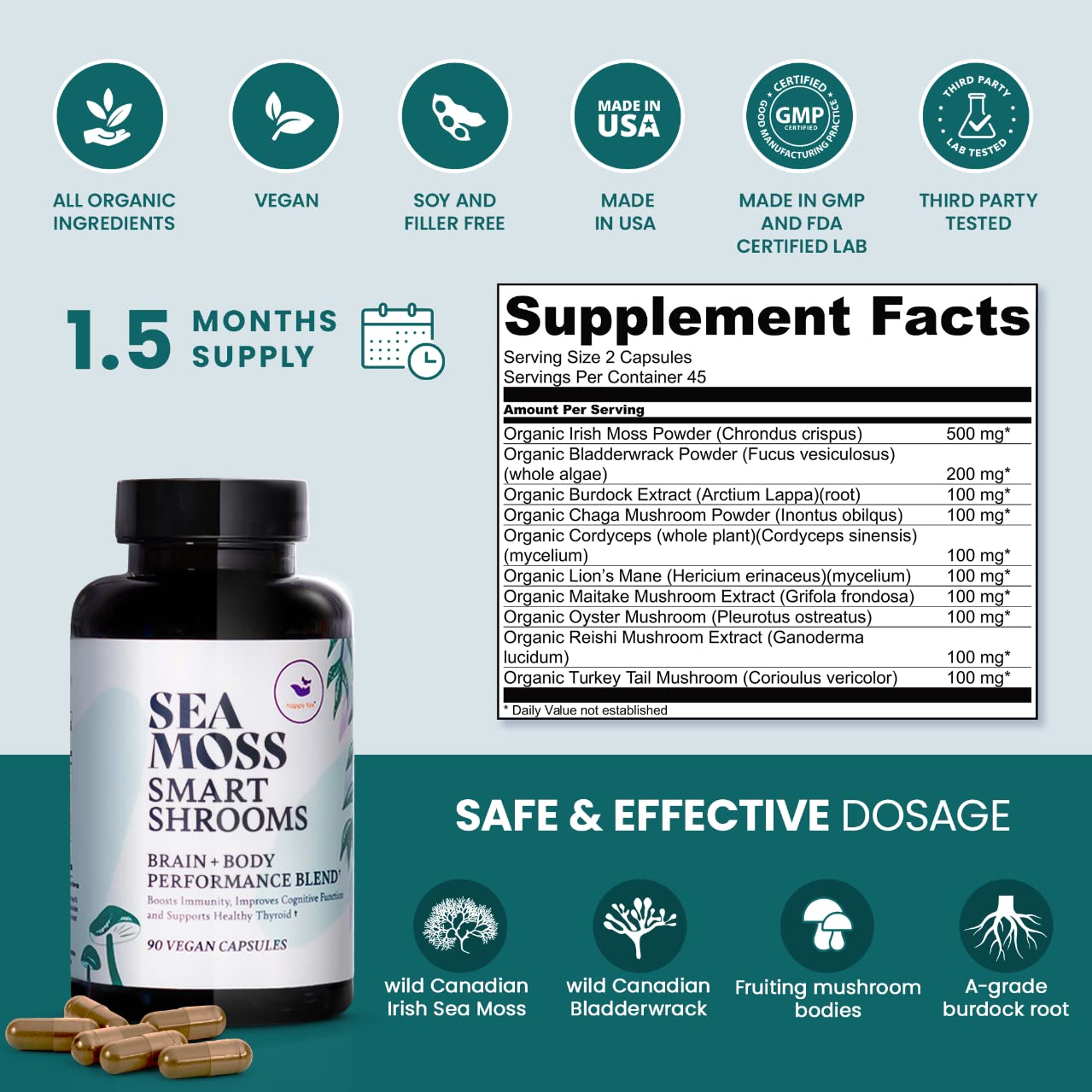 HAPPY FOX Irish Sea Moss Capsules & Mushroom Complex - Organic Seamoss with Adaptogens for Brain Health, 1500mg, 90 Vegan Capsules, Organic Mushroom Supplement HAPPY FOX uk supplements