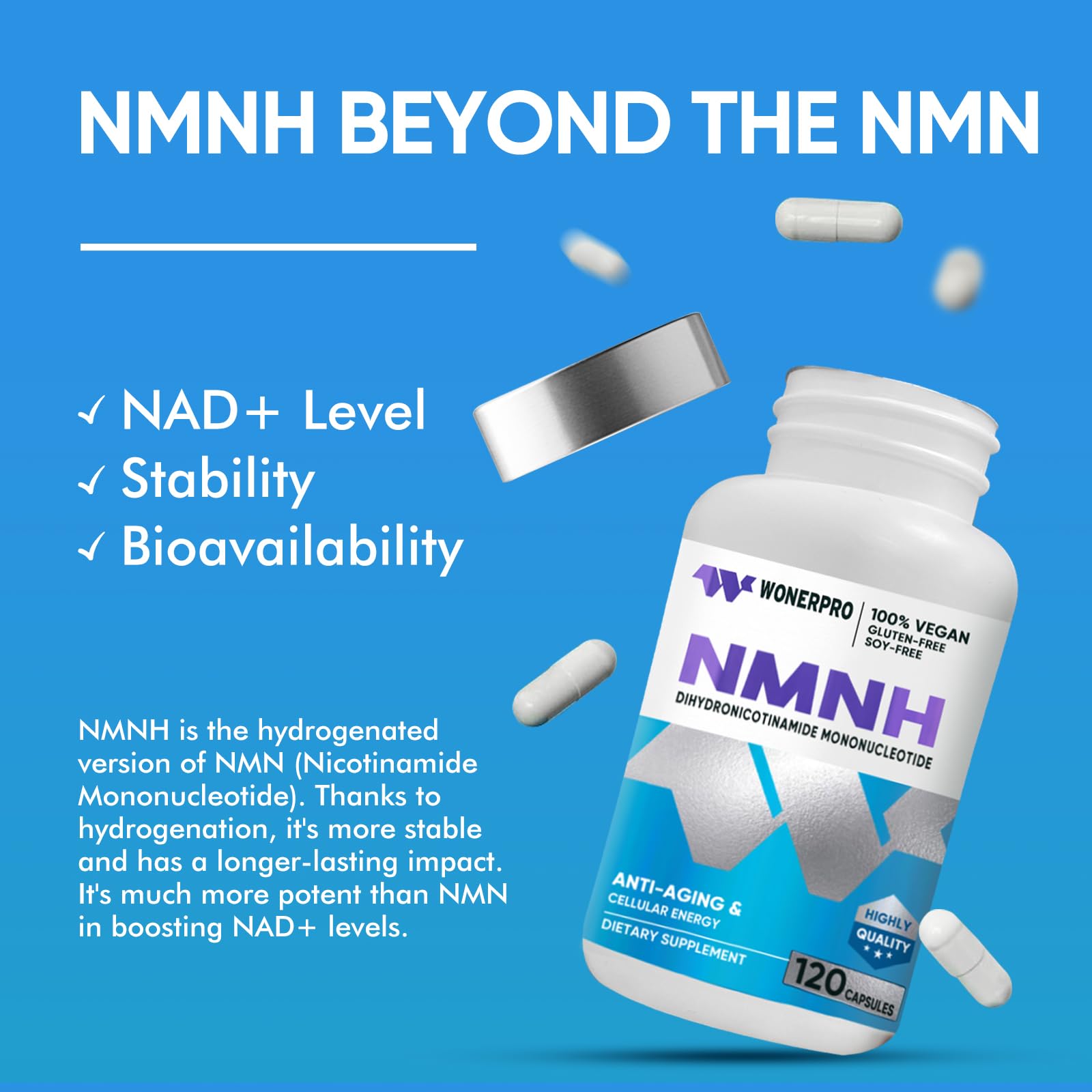 WONERPRO NMNH (NMN Supplement Alternative)，1000mg Per Serving NAD Supplement to Boost NAD+ Levels as We Age, for Anti Aging, Energy, Focus - 120 Capsule WONERPRO uk supplements