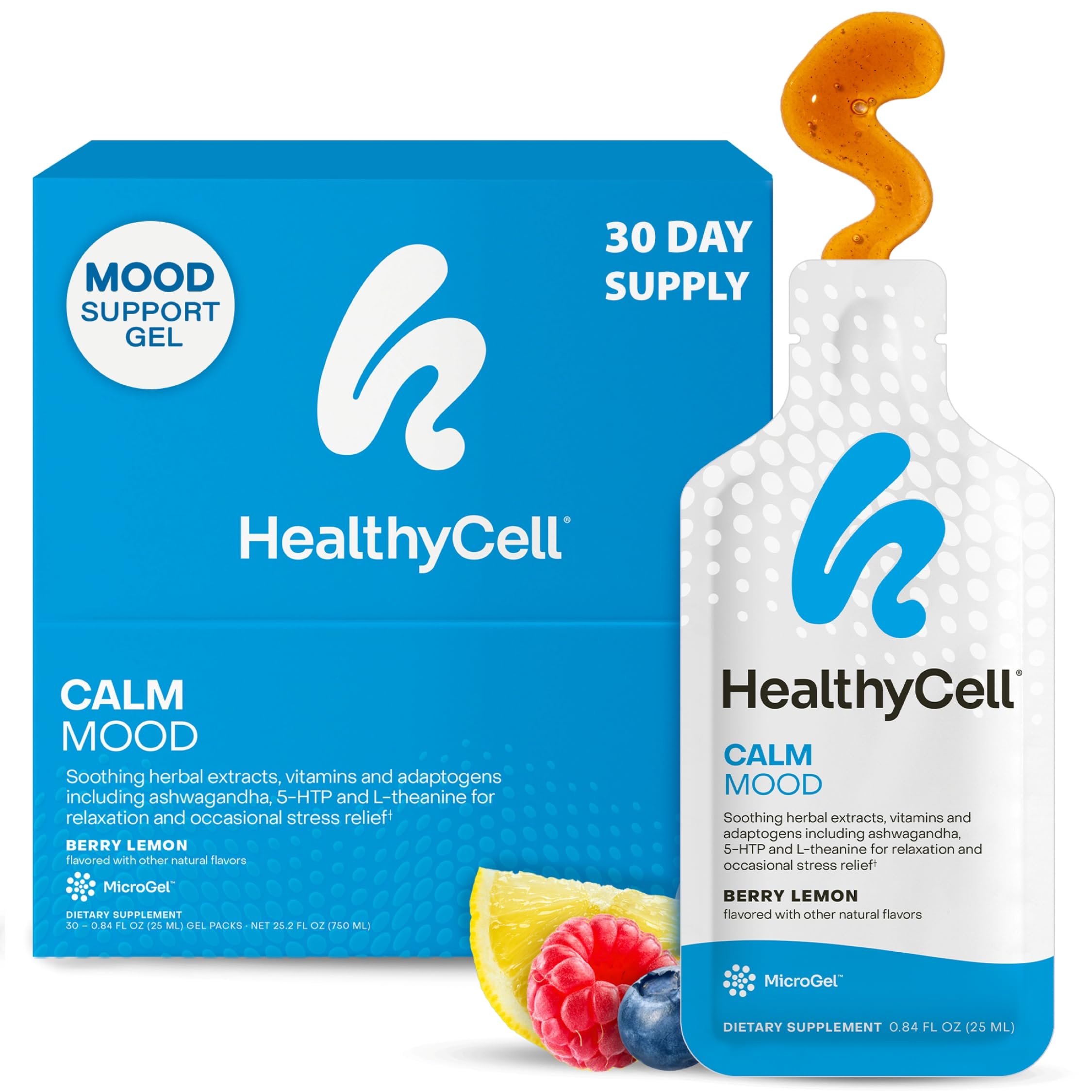 Healthycell Calm Mood Daily Liquid Supplement - Cortisol Manager & Mood Support Supplement for Stress with Ashwagandha, L-Theanine, Magnesium, 5-HTP, GABA & Saffron - 30 Gel Packs Healthycell uk supplements
