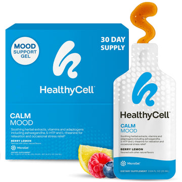 Healthycell Calm Mood Daily Liquid Supplement - Cortisol Manager & Mood Support Supplement for Stress with Ashwagandha, L-Theanine, Magnesium, 5-HTP, GABA & Saffron - 30 Gel Packs Healthycell uk supplements