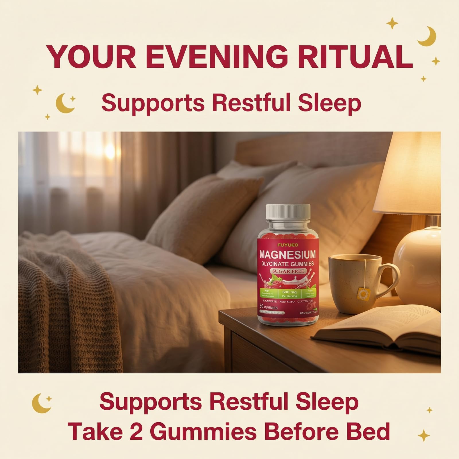 FUYUEO Magnesium Glycinate Gummies for Sleep & Relaxation, Sugar Free High Absorption Magnesium Supplement for Men & Women, Gentle on Stomach, Chewable, Raspberry, 60 Count (Pack of 1) FUYUEO uk supplements