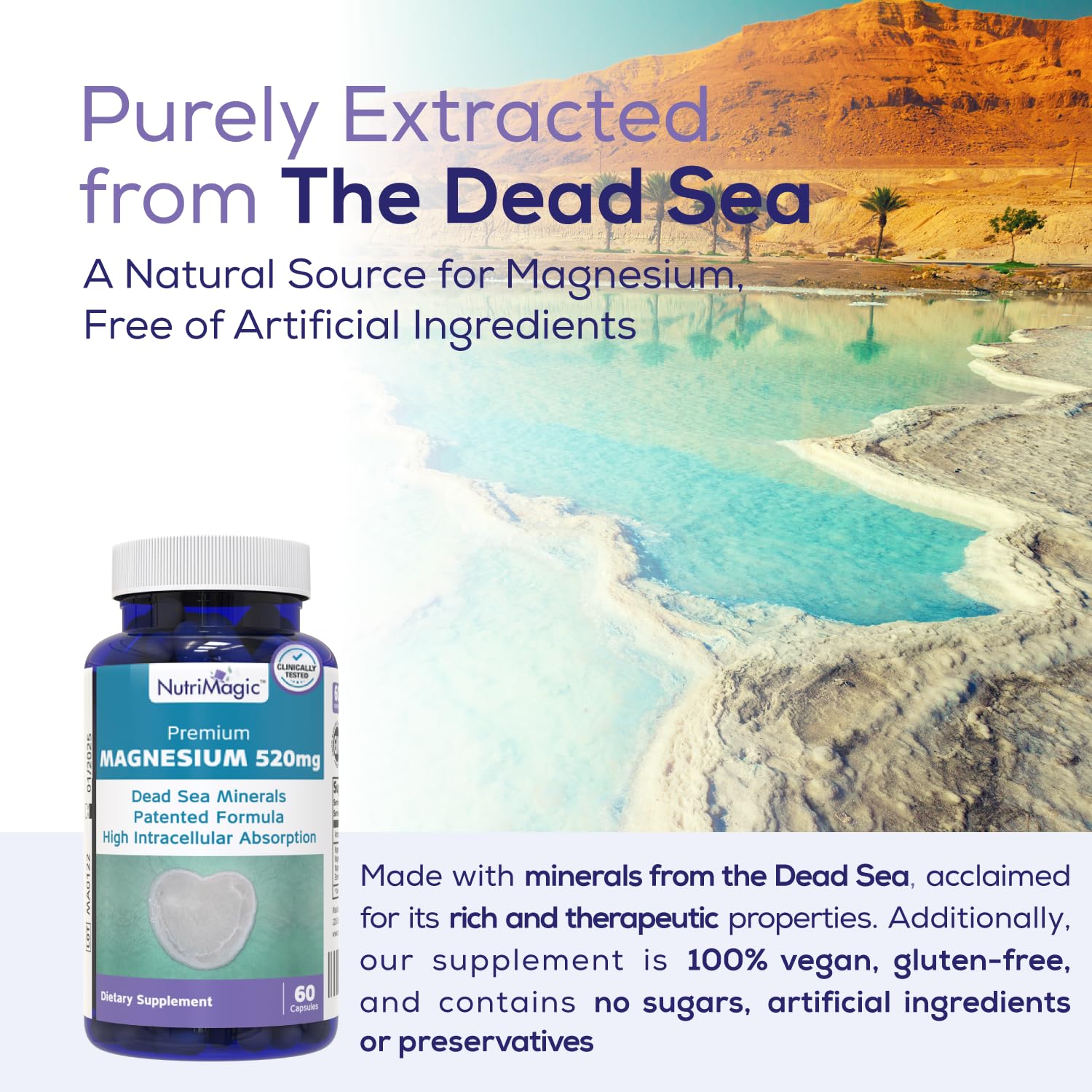 NutriMagic 520mg Patented High Absorption Elemental Magnesium from Oxide, Dead Sea Minerals Complex (1 Bottle, 2-Month Supply (60 Capsules)) NutriMagic uk supplements
