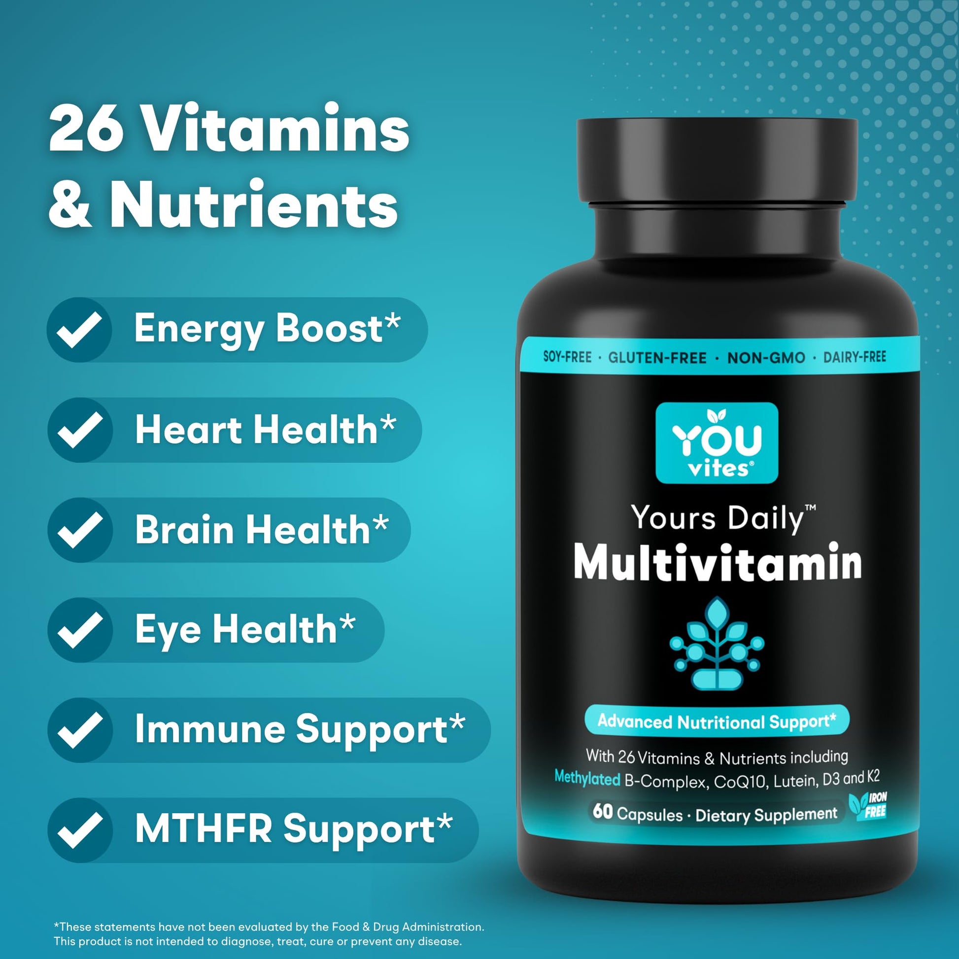 You Vites - Methylated Multivitamin for Men and Women, Methyl Multi Without Iron - 60 Capsules, MTHFR Supplement with Methyl B12, Methylfolate (5-MTHF), CoQ10 for Energy, Heart and Mood Support You Vites uk supplements