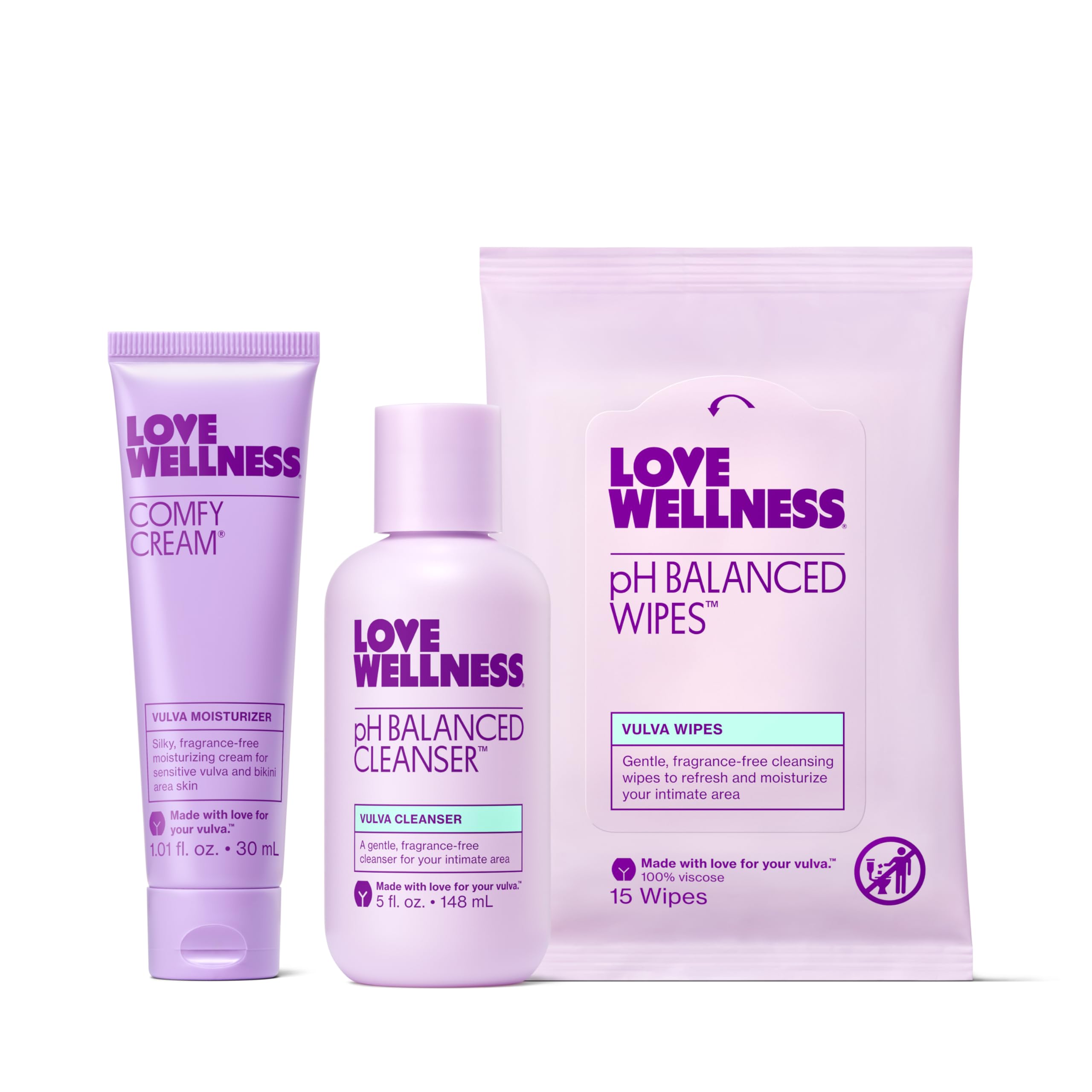 Love Wellness Skincare for Down There Bundle | Gentle pH Balancing Cleanser, Moisturizing Comfy Cream & Refreshing Wipes | Feminine Care for pH Balance, Dry & Sensitive Vulva | Fragrance-Free Love Wellness uk supplements