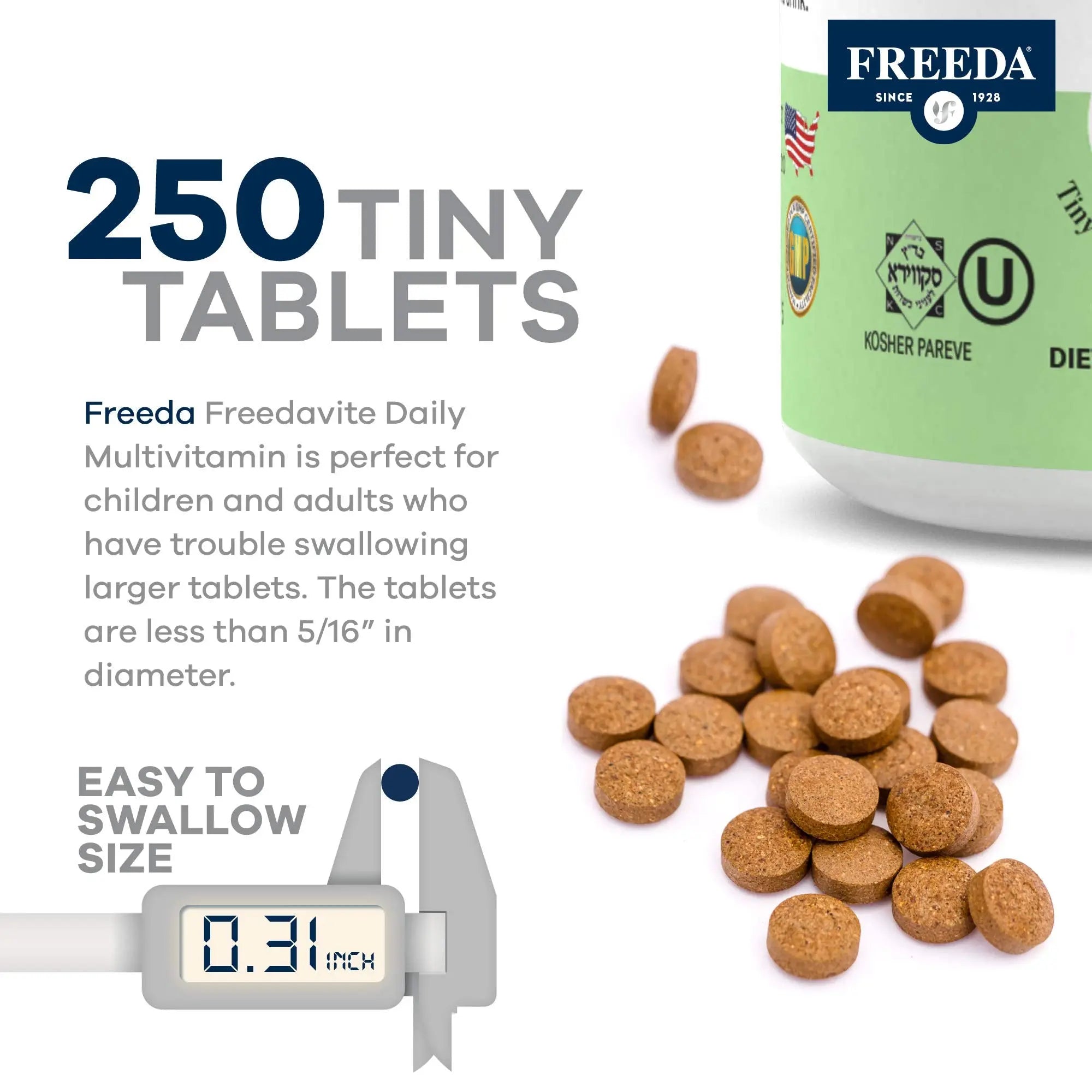Freedavite Tiny Tablet - Moderate Multivitamin for Men and Women - Pure Vitamin A, C, D, E, B1, B2, B6, B12, Biotin, Calcium, Zinc, Iron, Magnesium FREEDA uk supplements
