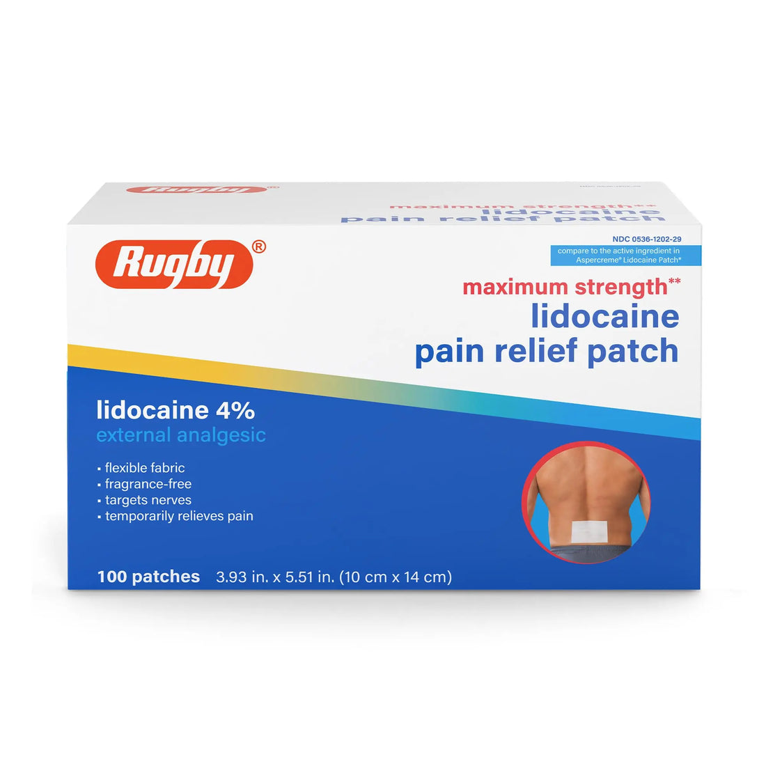 Rugby Maximum Strength 4% Lidocaine Pain Relief Patch- External Analgesic - Flexible Fabric, Fragrance-Free - Temporarily Relieves Pain - 100 Patches (10 cm x 14 cm Each) RUGBY LABORATORIES uk supplements