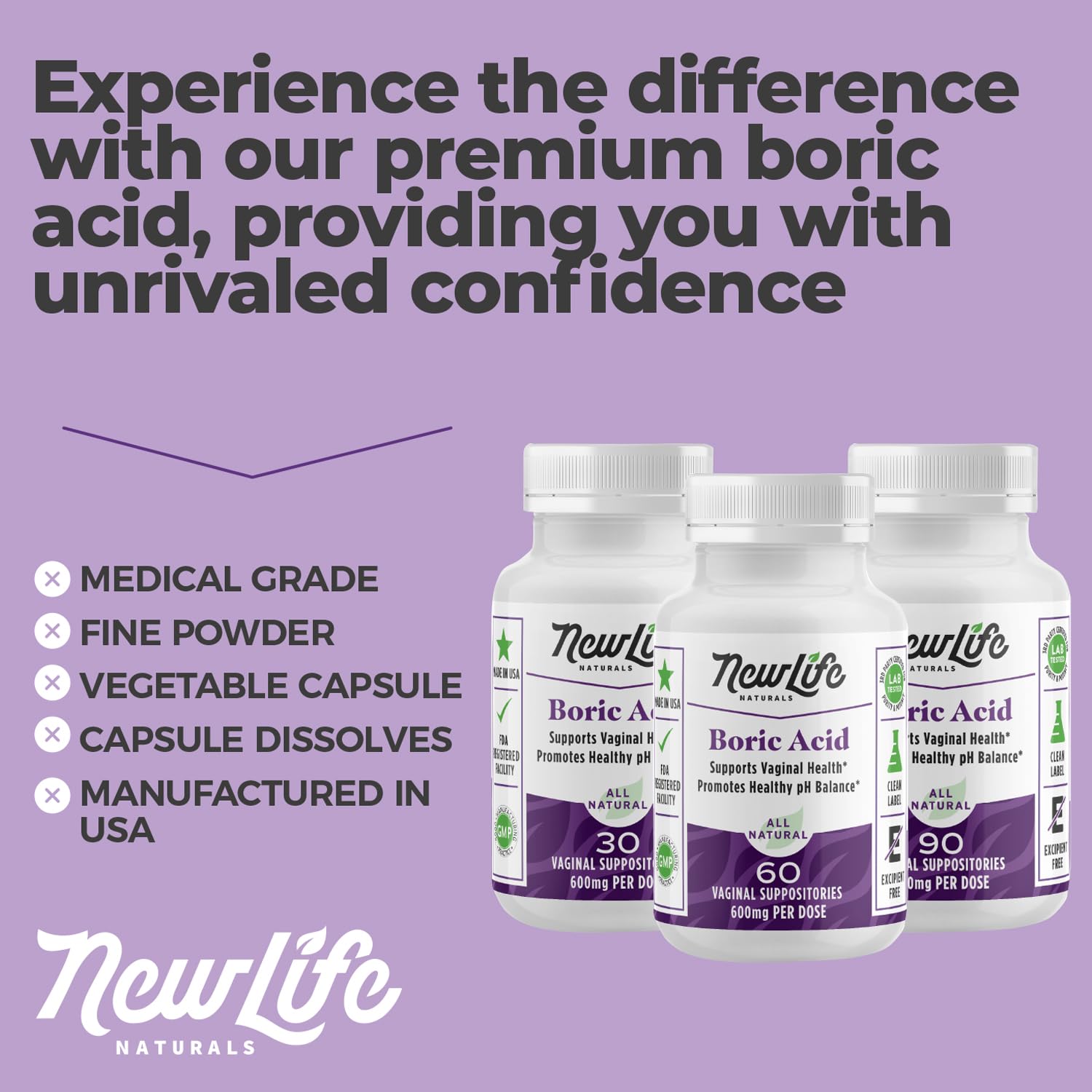 NewLife Naturals - Boric Acid Suppositories for Women pH Balance Pills - 600mg - Feminine Care NewLife Naturals uk supplements