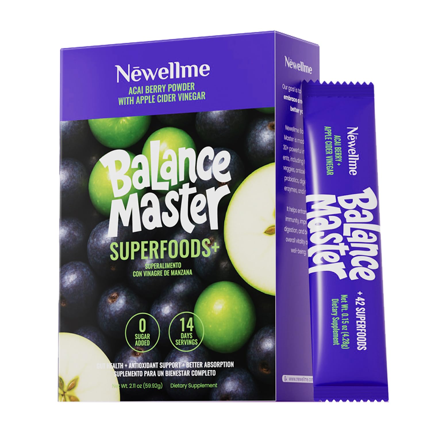 NEWELLME Balance Master Acai Apple Cider Vinegar Powder, Healthy Blood Sugar Support, Probiotics & Digestive Enzymes for Metabolic Support, Vegan Non-GMO, 14 Servings NEWELLME uk supplements