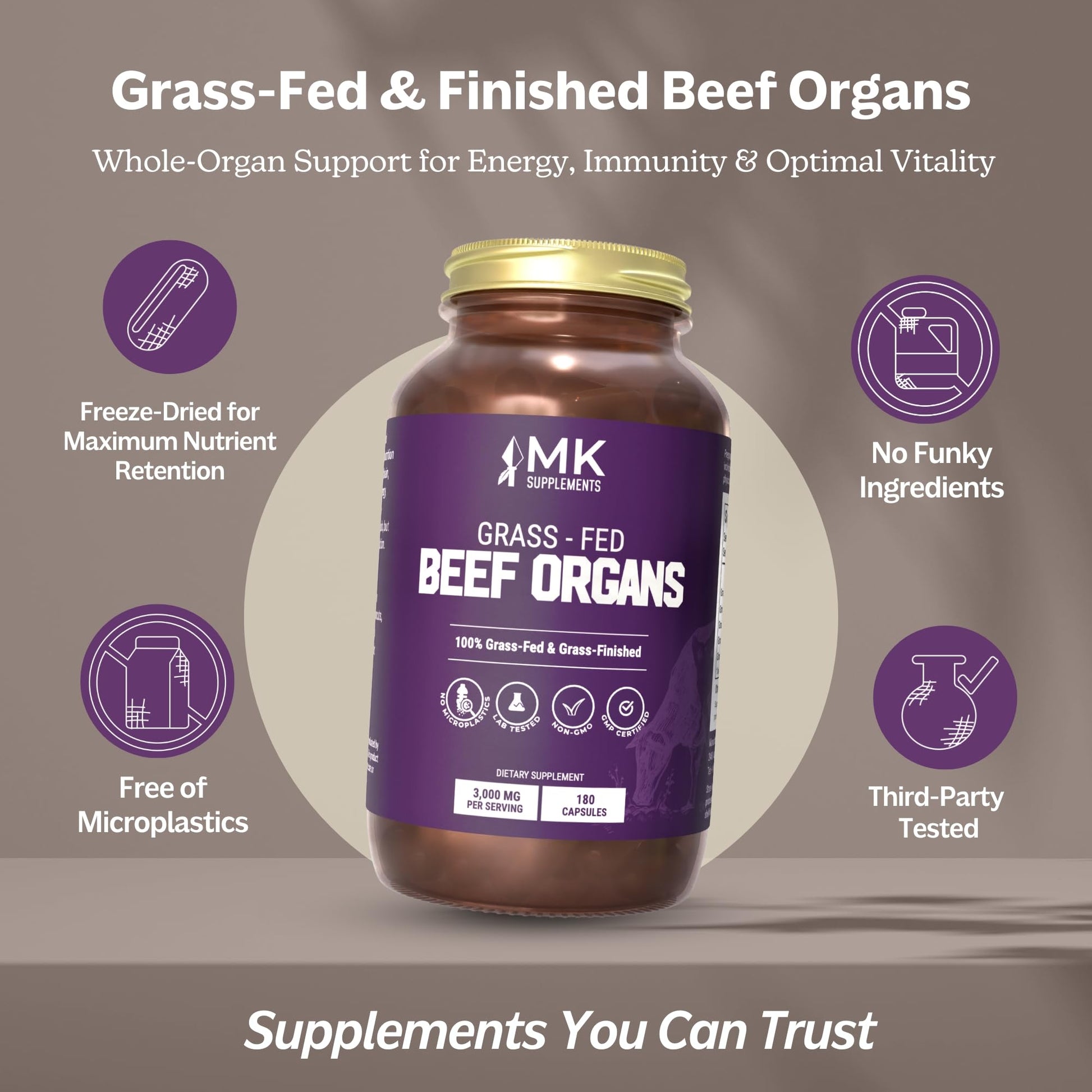 MK Supplements Grass-Fed Beef Organs Capsules | 5 Organs in Nature-Identical Ratios | B12, Copper & Heme Iron | Regeneratively Raised | 150 Capsules MK Supplements uk supplements