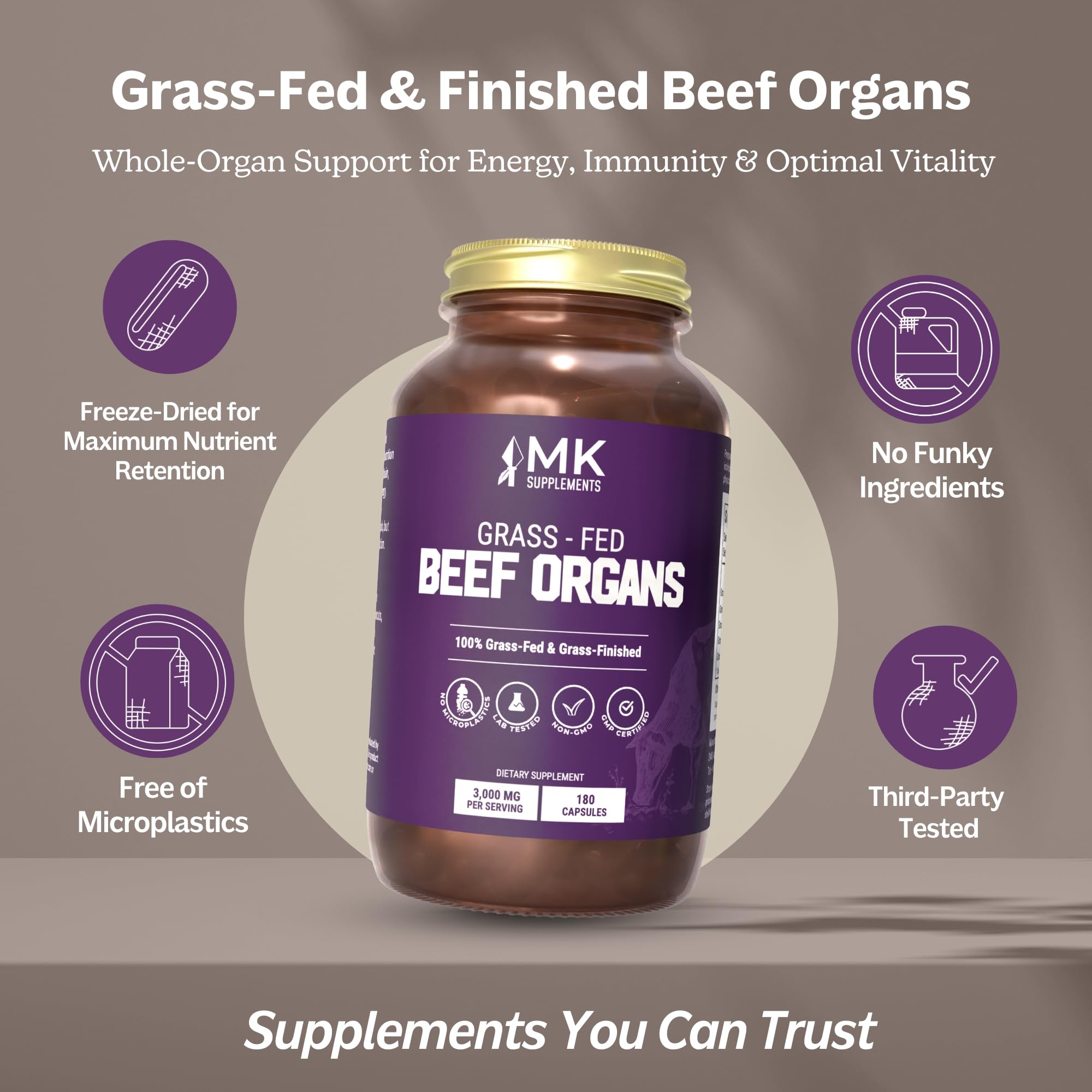 MK Supplements Grass-Fed Beef Organs Capsules | 5 Organs in Nature-Identical Ratios | B12, Copper & Heme Iron | Regeneratively Raised | 150 Capsules MK Supplements uk supplements