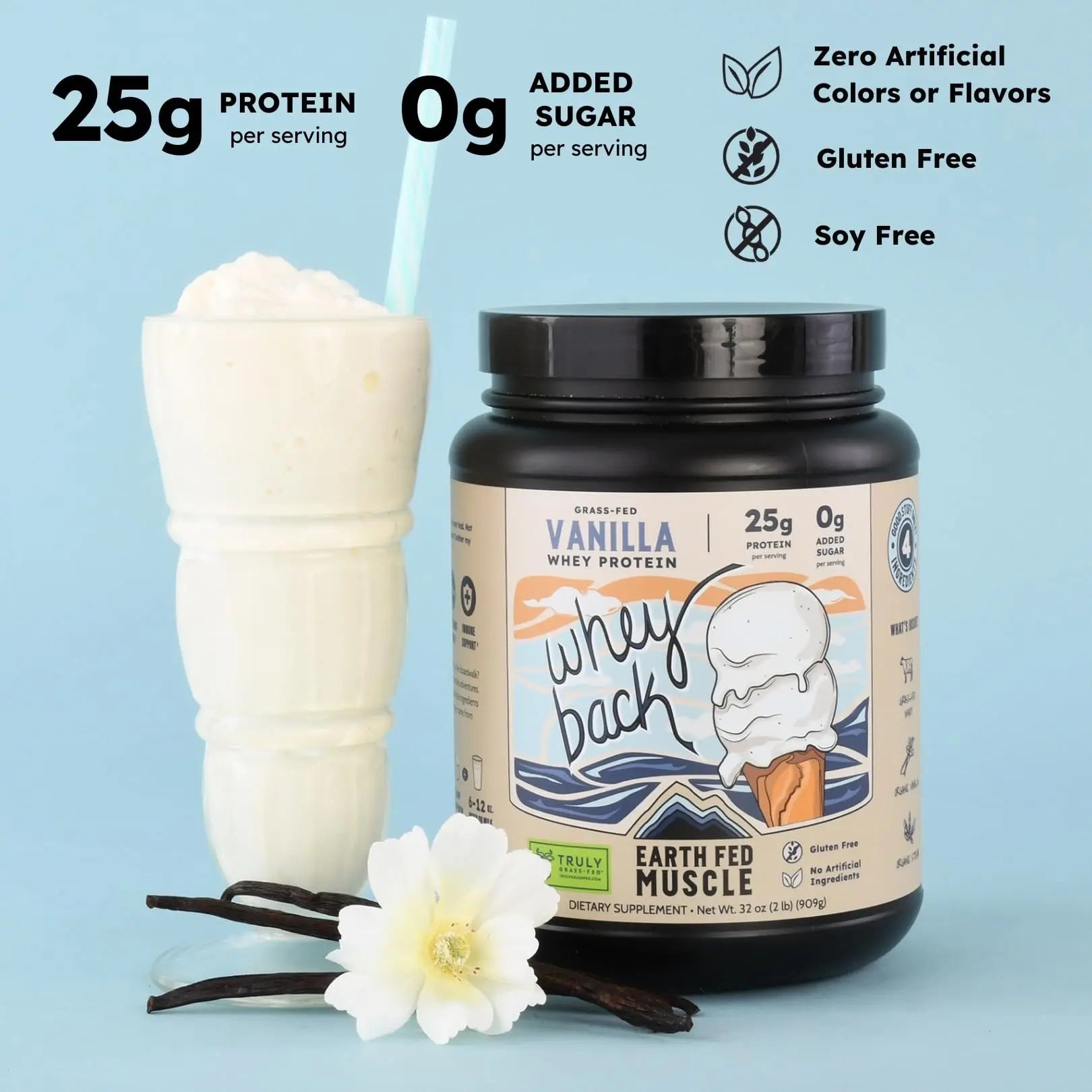 Earth Fed Muscle Whey Back Irish Grass Fed Whey Protein Isolate, Third-Party Certified. 25g Protein, Vanilla - Non-GMO, Hormone Free, Soy Free, Gluten Free - 2 LB, 29 Servings Earth Fed Muscle uk supplements