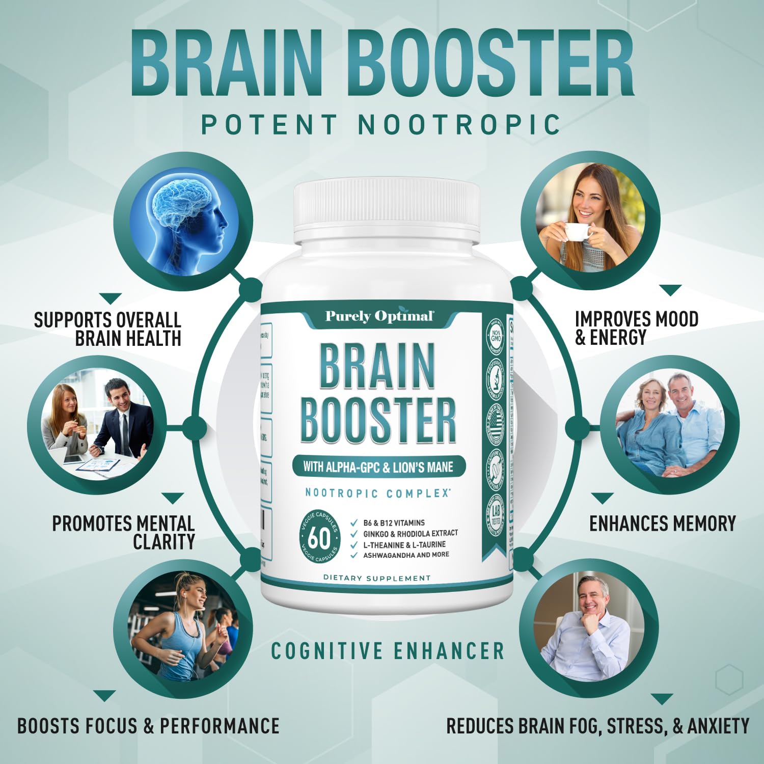 Purely Optimal Brain Booster Nootropic Supplement – Brain Support for Memory, Focus, Clarity, Jitter-Free Energy for Adults, Seniors– with Ginkgo Biloba, Alpha GPC, Lion’s Mane – 60 Capsules Purely Optimal uk supplements