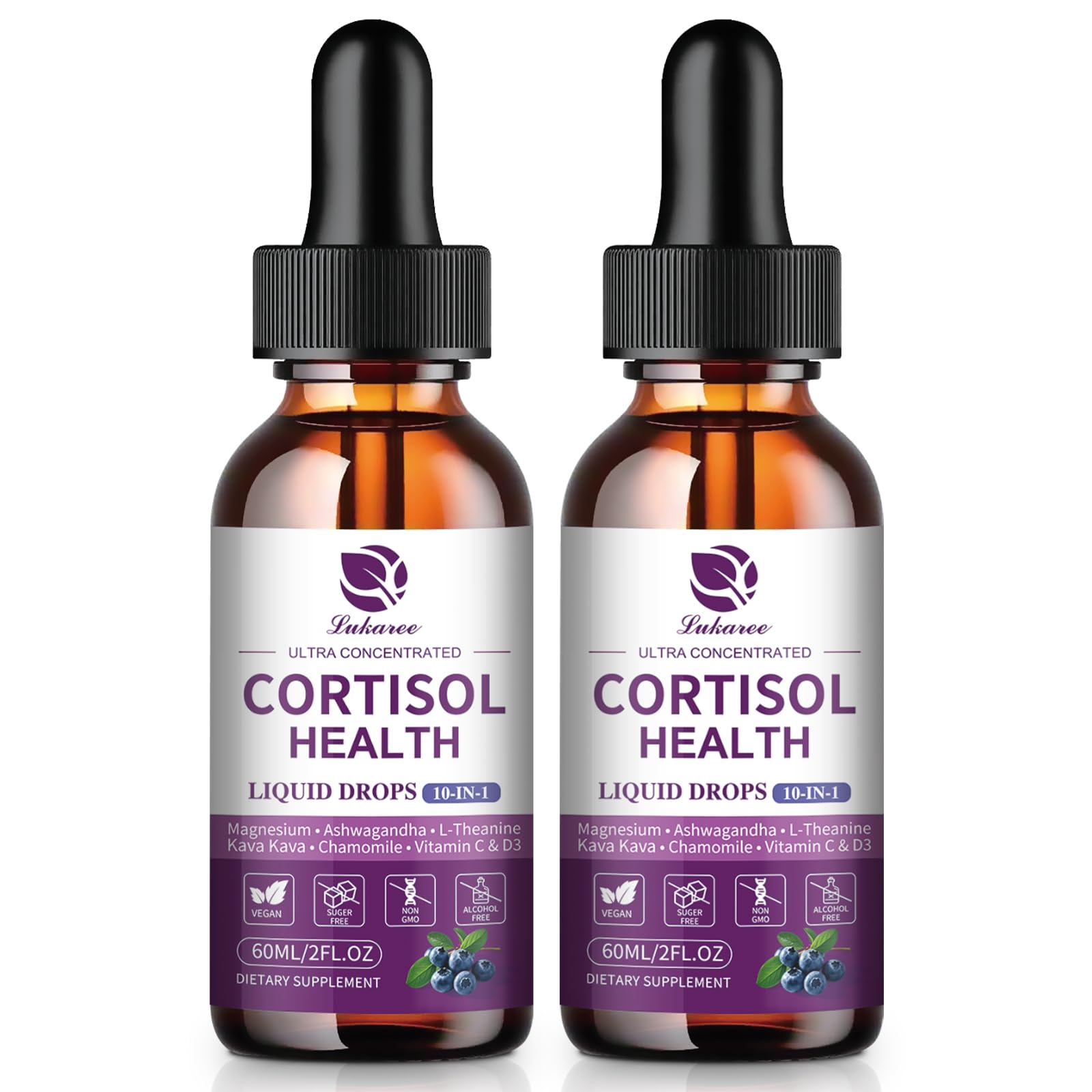 Lukaree Cortisol Supplements for Women, 10 in 1 Cortisol Reducer Detox with Ashwagandha, L-theanine, Kava Kava, Magnesium, Lower Cortisol, Mood, Focus, Sleep Support - 2 FL.OZ, Blueberry Flavor Lukaree uk supplements