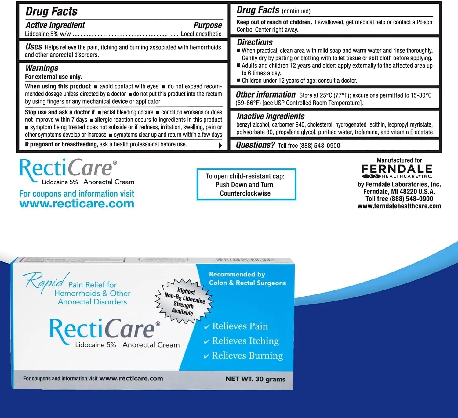 Recticare Anorectal Lidocaine 5% Cream: Topical Numbing Cream for Treatment of Hemorrhoids & Other Anorectal Disorders - 30g Tube Recticare uk supplements