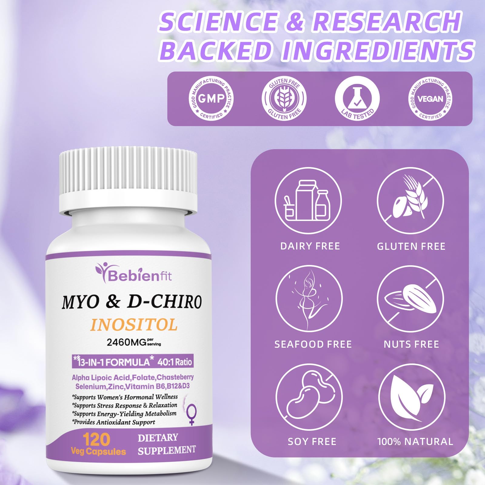 13-in-1 Myo Inositol & D-Chiro Inositol for Women PCOS,Hormonal Balance,2460mg-40:1 Ratio,Ovarian Health&Cycle Support Supplement Plus Alpha Lipoic Acid/Folate/Vitex/Magnesium/Multivitamin,120 Veg Cap Bebien fit uk supplements