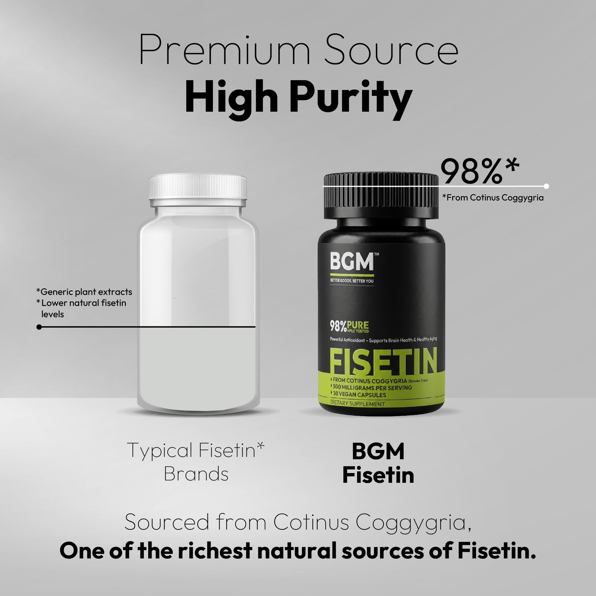 BGM Fisetin 500mg Supplement | Smoke Tree Extract (Cotinus coggygria) | 98% Pure Senolytic Antioxidant | Vegan Capsules | Supports Brain Health & Healthy Aging BGM Better Goods, Better You uk supplements