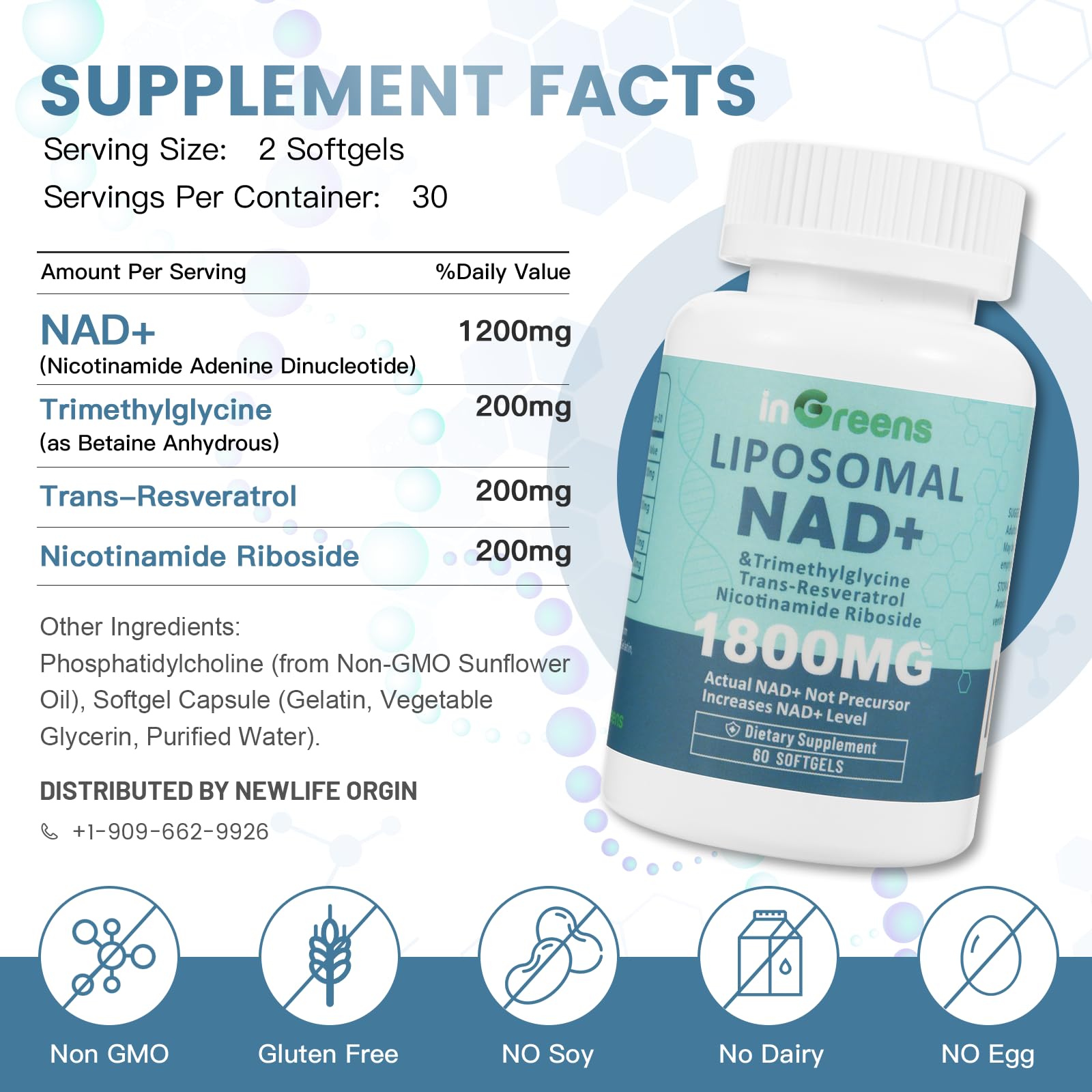 inGreens Liposomal NAD+ Supplement 1800 mg with Nicotinamide Riboside, Trans Resveratrol, Trimethylglycine，Replaces NMN, Boost NAD+, Aging Defense，Cellular Energy, 120 Softgels inGreens uk supplements