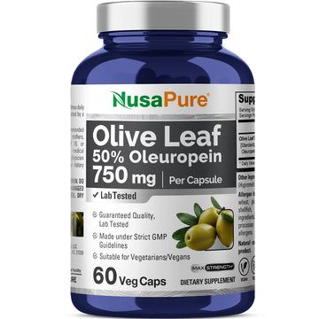NusaPure Olive Leaf Extract 750 mg - 50% Oleuropein - Vegan and Vegetarian Non-GMO - Super Strength - No Oil - 60 Capsules NusaPure uk supplements