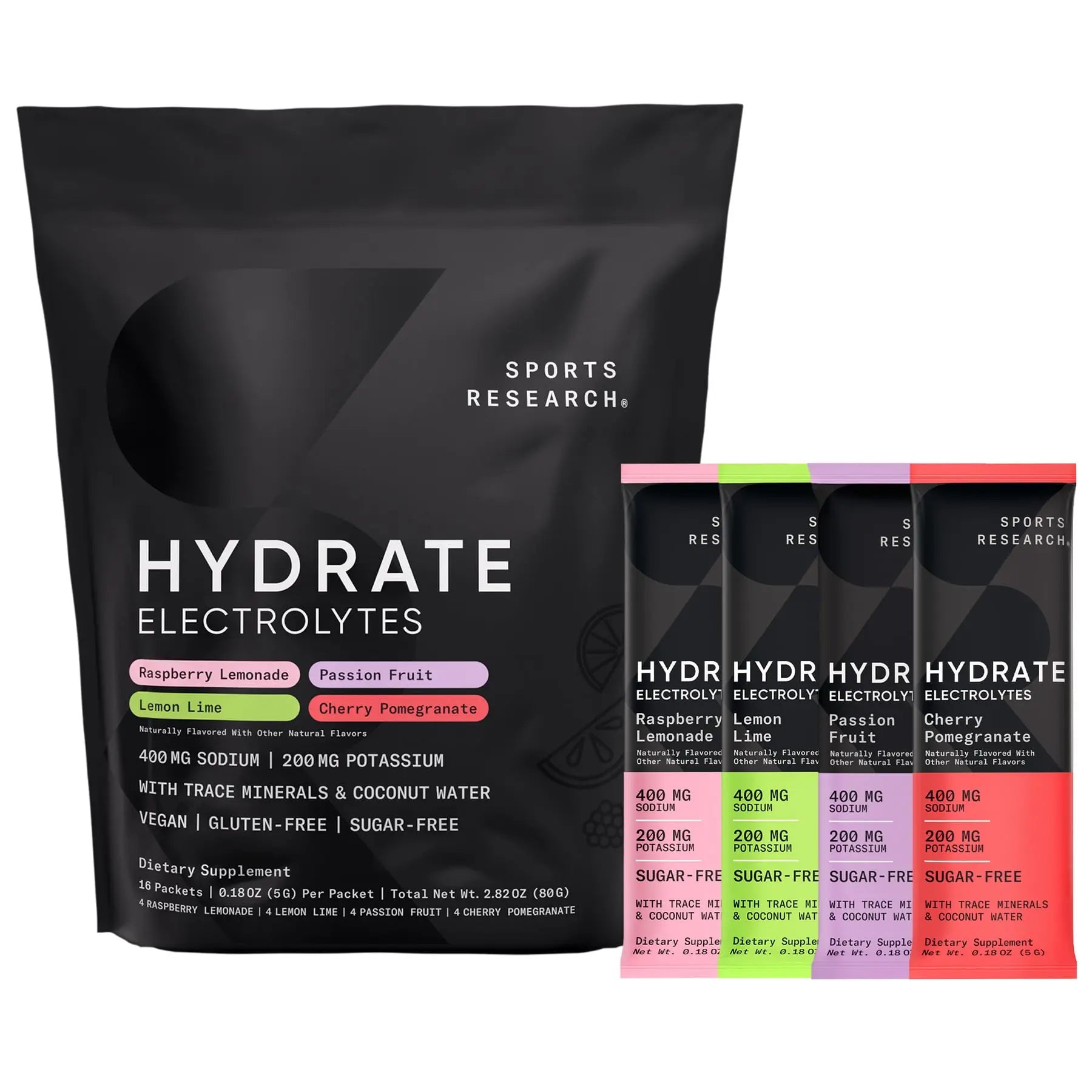 Sports Research® Hydrate Electrolytes Powder Packets - Sugar-Free & Naturally Flavored with Vitamins, Minerals, and Coconut Water - Supports Hydration - 16 Packets - Variety Pack Sports Research uk supplements