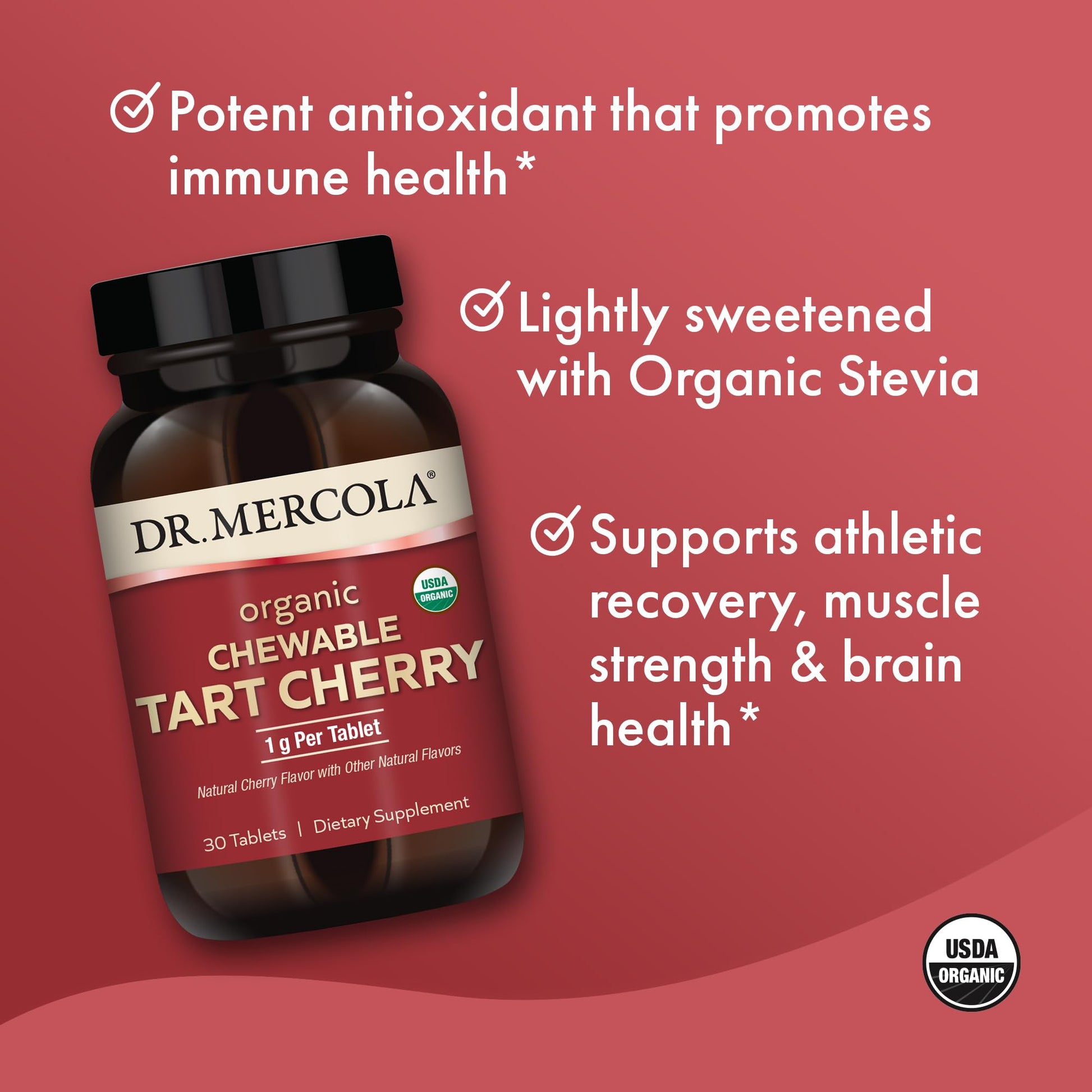 Dr. Mercola Organic Chewable Tart Cherry - Antioxidant Support - Made from Whole-Fruit Montmorency Cherries - USDA Organic - Stevia Sweetened - 30 Tablets Dr. Mercola uk supplements