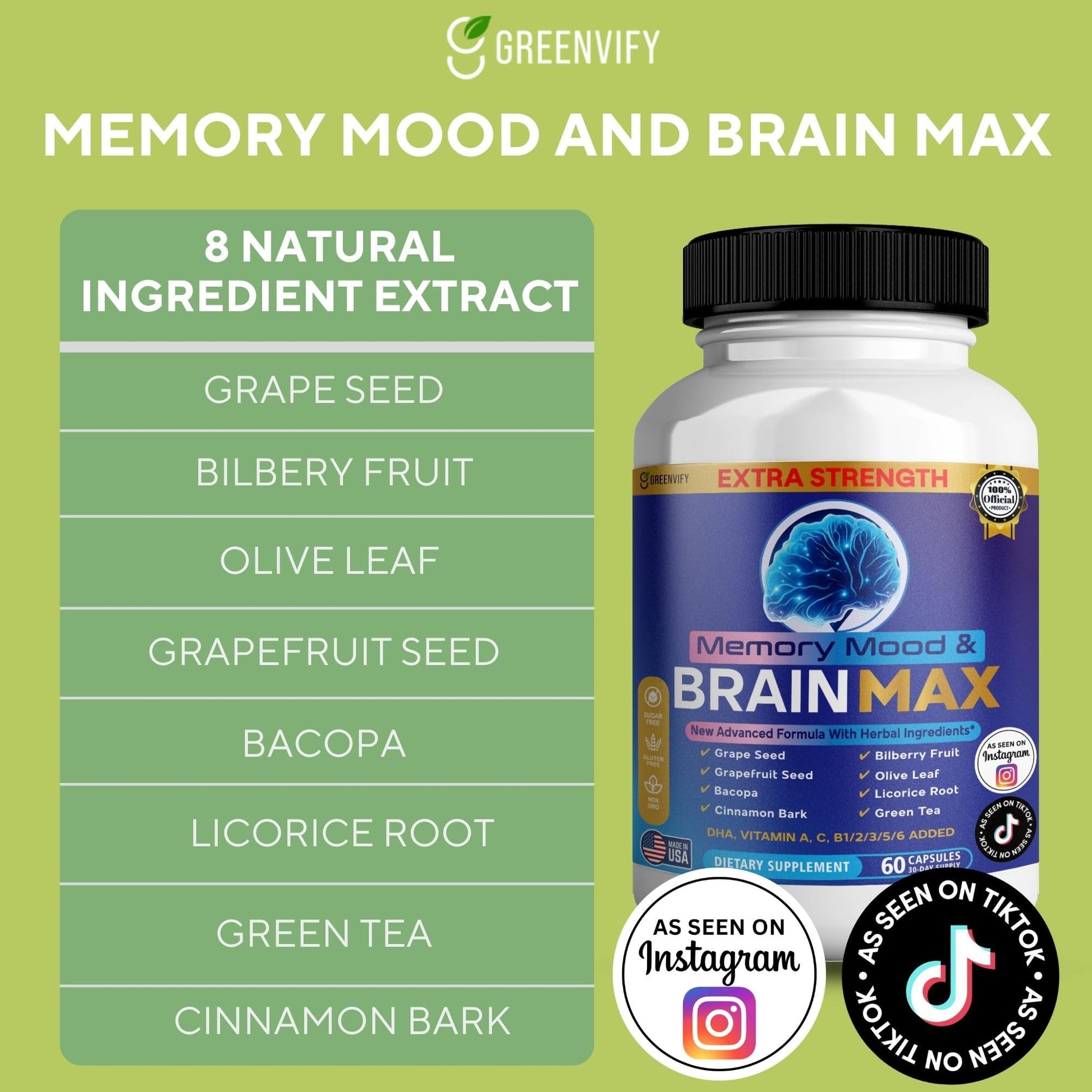 Memory, Mood & Brain Max Extra Strength Supplement with Herbal Ingredients, 60 Capsules, DHA, Vitamins, Bacopa, Green Tea (1) GREENVIFY uk supplements