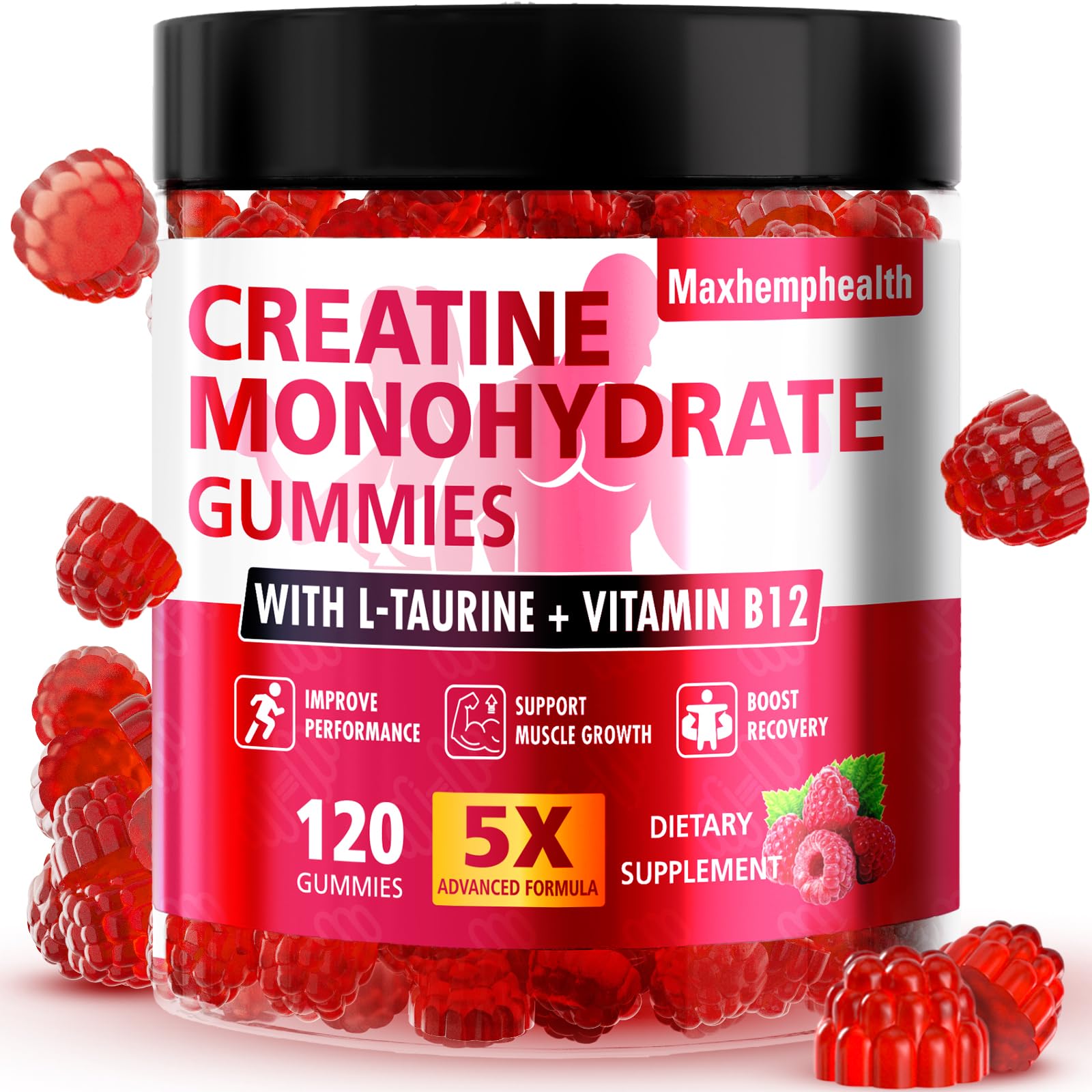 Creatine Gummies for Men & Women, Creatine Monohydrate Gummies 5g, Build Muscle, Strength, Recovery, Cognitive Health & Memory, Pre Workout Supplement, 120 Count Raspberry Chewable Gummy Maxhemphealth uk supplements