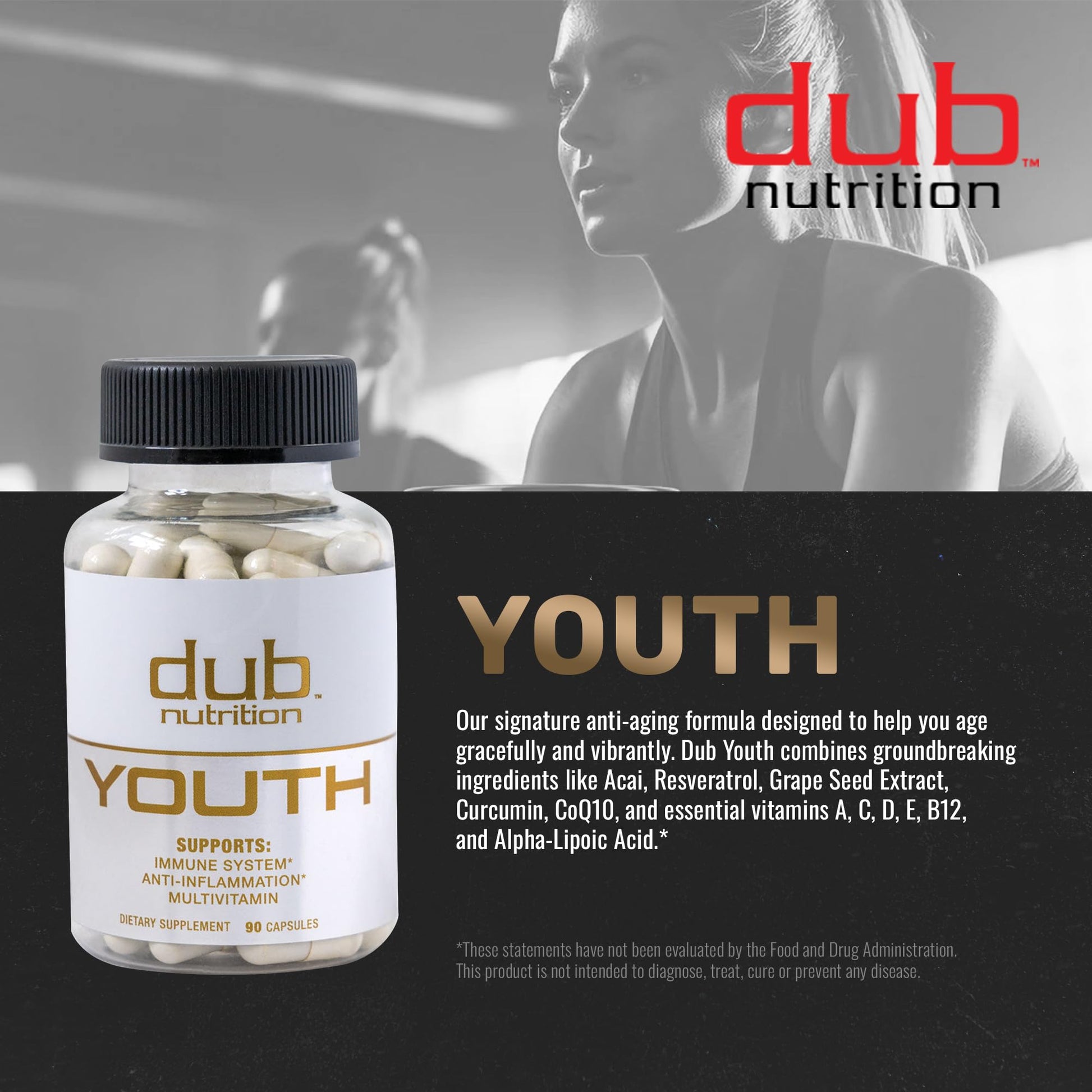 Dub Nutrition Youth - Formula with Acai, Resveratrol, Curcumin, Vitamins A, C, D, E, B12, and CoQ10 - Supports Immunity and Mobility - 90 Capsules Dub Nutrition uk supplements