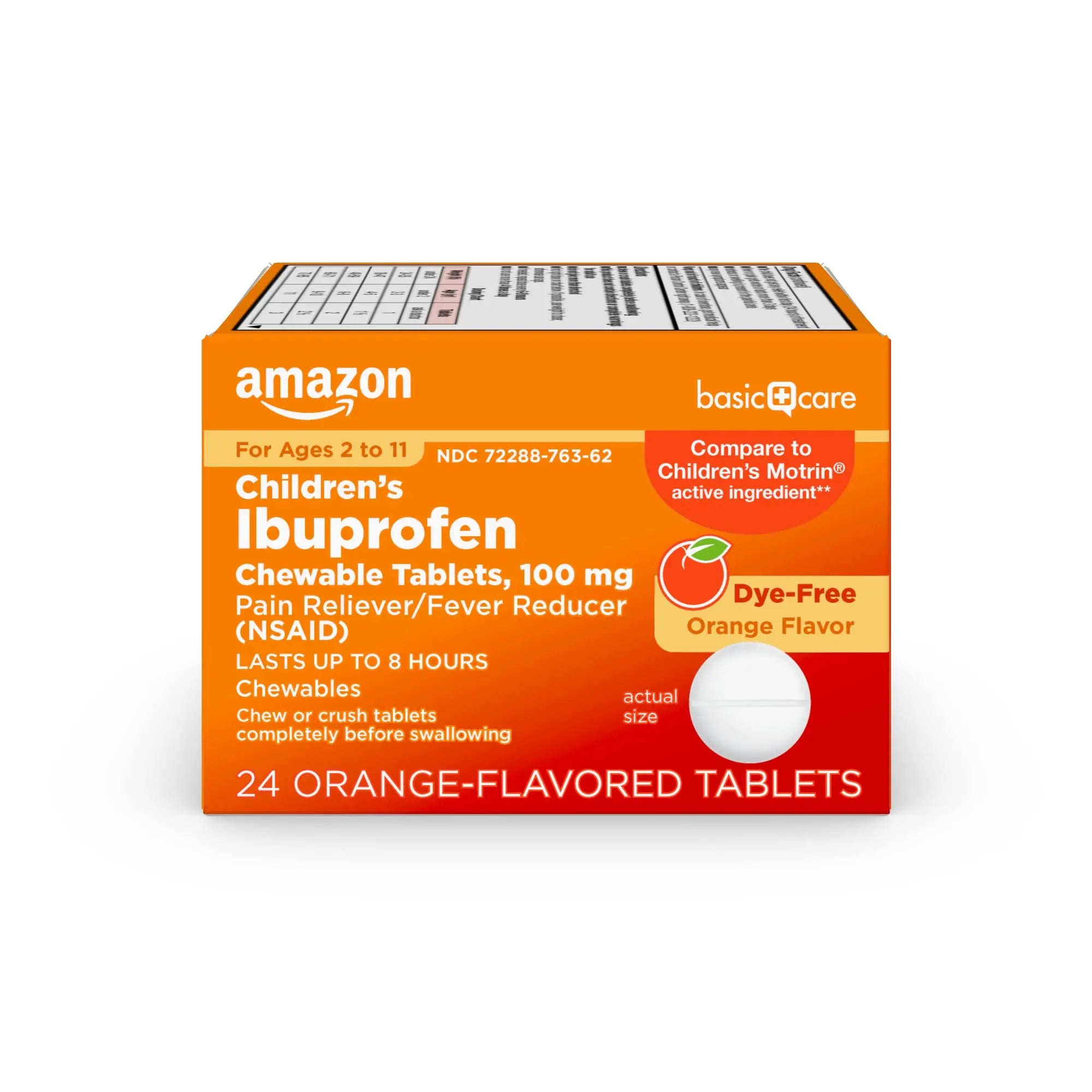 Amazon Basic Care Children's Ibuprofen Chewable Tablets 100 mg, Orange Flavor, Dye Free, Pain Reliever and Fever Reducer (NSAID), For Ages 2-11, 24 Count Amazon Basic Care uk supplements
