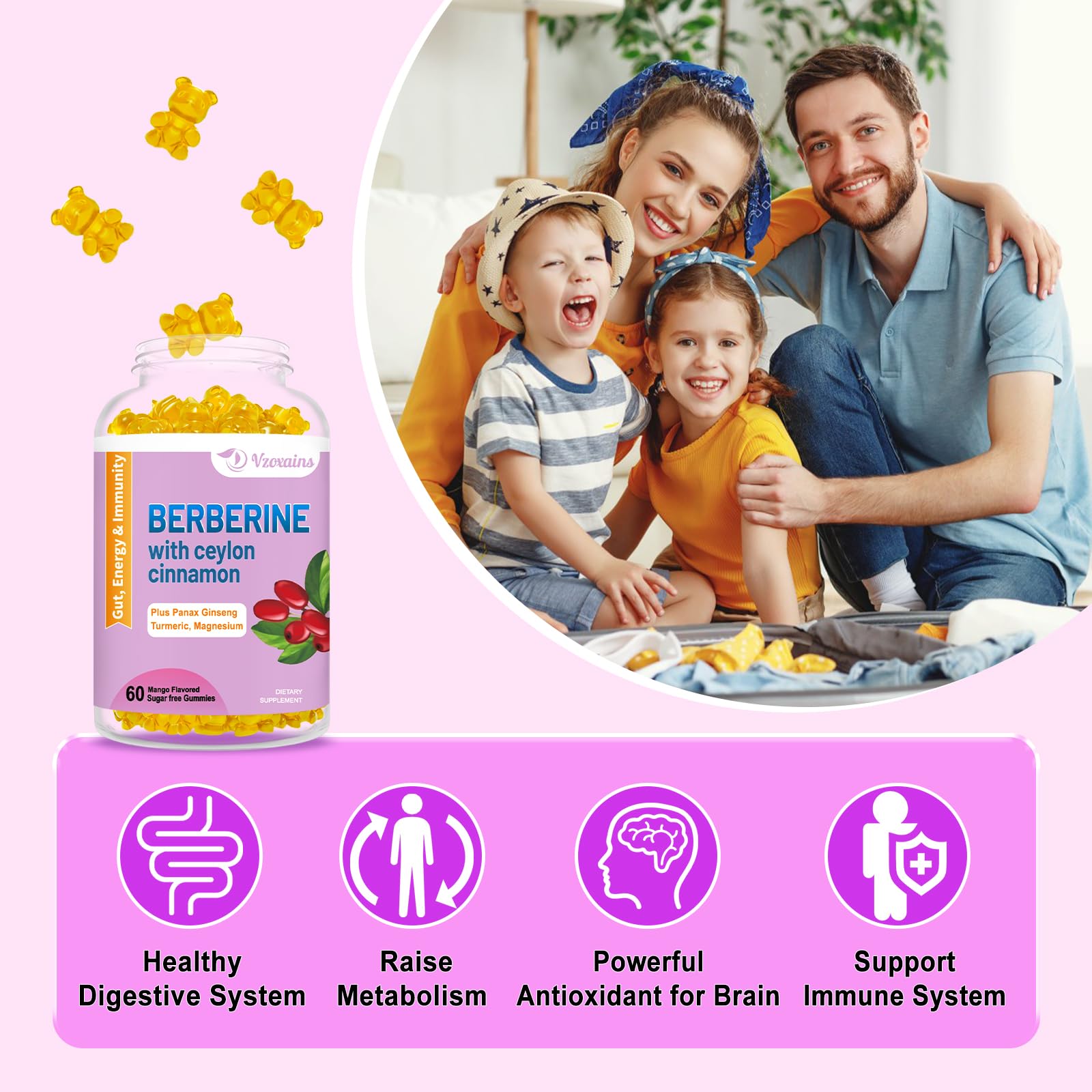2 Pack Berberine with Ceylon Cinnamon Gummies, 2000mg High Potency Berberine HCI VZOXAINS uk supplements
