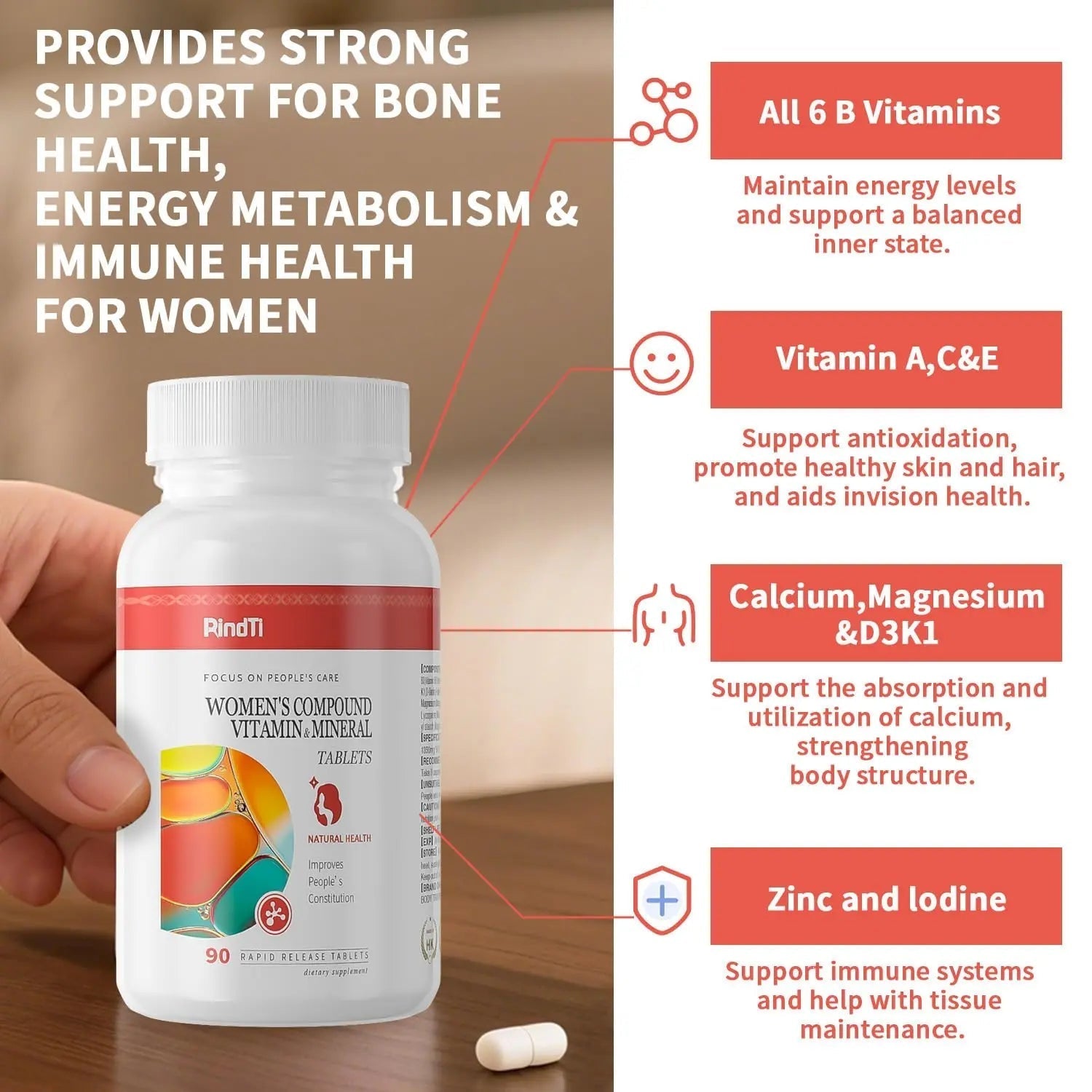 RindTi Multivitamin for Women 50+, Daily Women 50+ Multi-Vitamin with Vitamins A, B,C, E for Energy, & Bone & Immune & Skin& Hair Support, 90 ct RindTi uk supplements