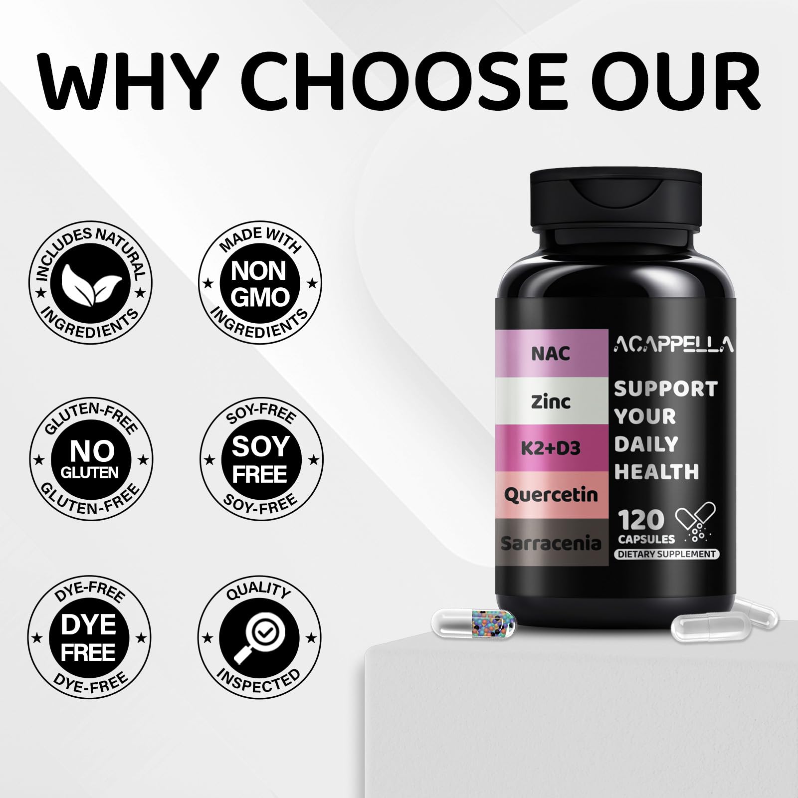 ACAPPELLA N-Acetyl Cysteine Vitamin D3 K2 Zinc Quercetin Sarracenia Purpurea NAC Supplement with Elderberry Holy Basil Bee Propolis Bromelain L-Lysin for Men & Women (1) ACAPPELLA uk supplements