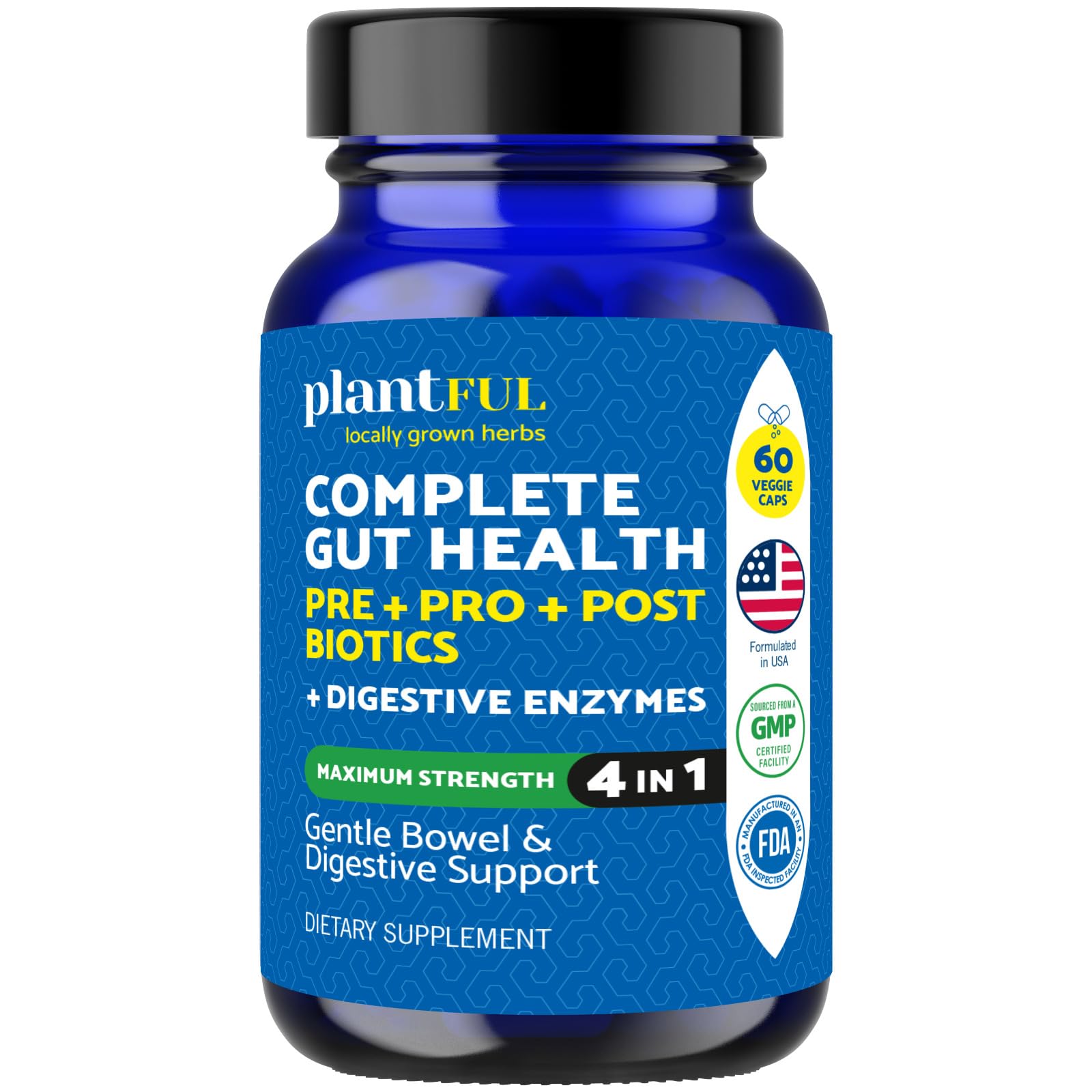 4-in-1 Pre Post Probiotics & Digestive Enzymes - Complete Gut Health & Digestive Support for Women & Men - Prebiotic Probiotic & Postbiotic Gas & Bloating Relief – 60 Non GMO Capsules PLANTFUL RESEARCH uk supplements