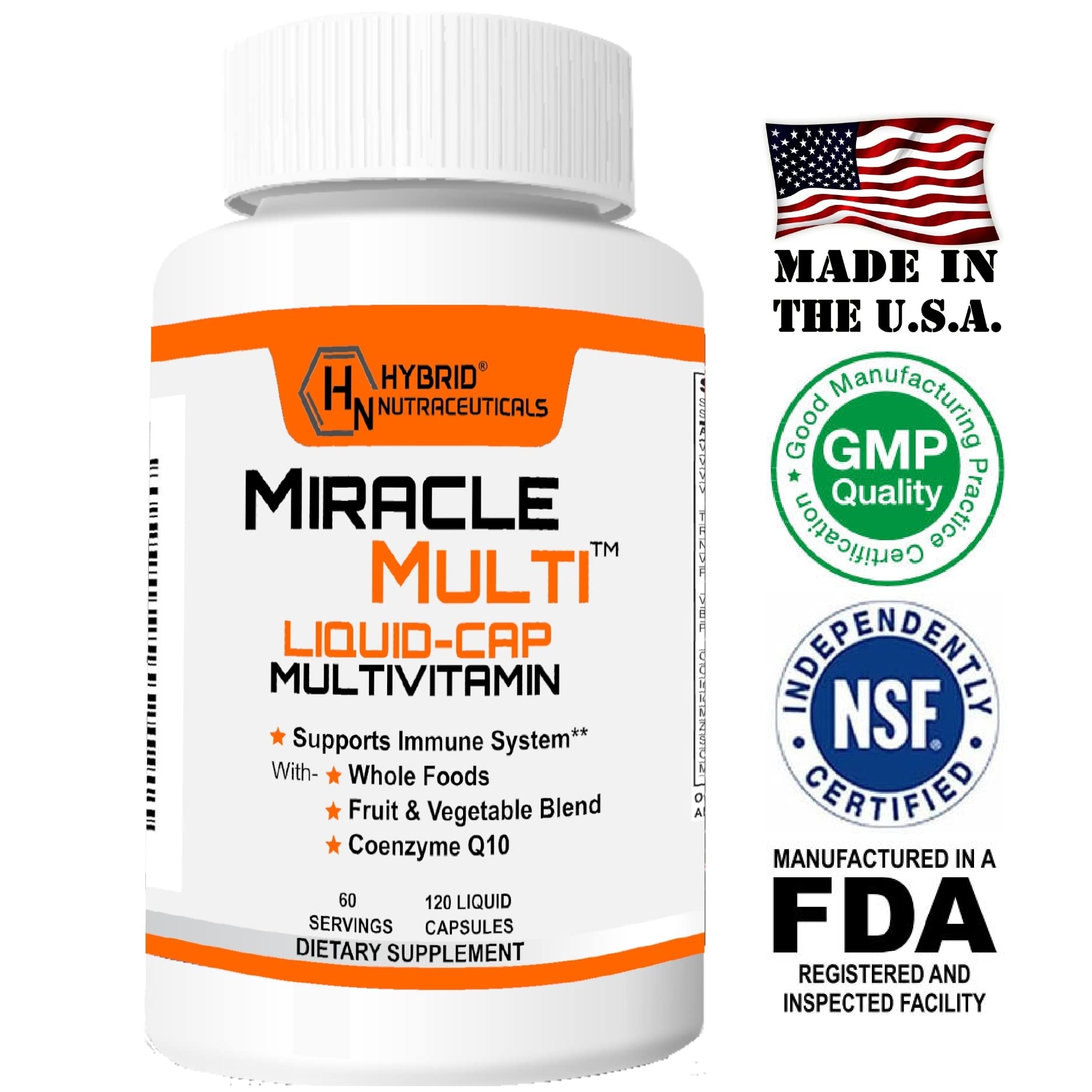 MiracleMulti Liquid Multivitamin Capsules for Men & Women - Complete Whole Food Blend Daily Vitamin & Mineral Supplement with CoQ10, B12, 42 Superfood Enzyme - 120 Softgels Hybrid Nutraceuticals uk supplements